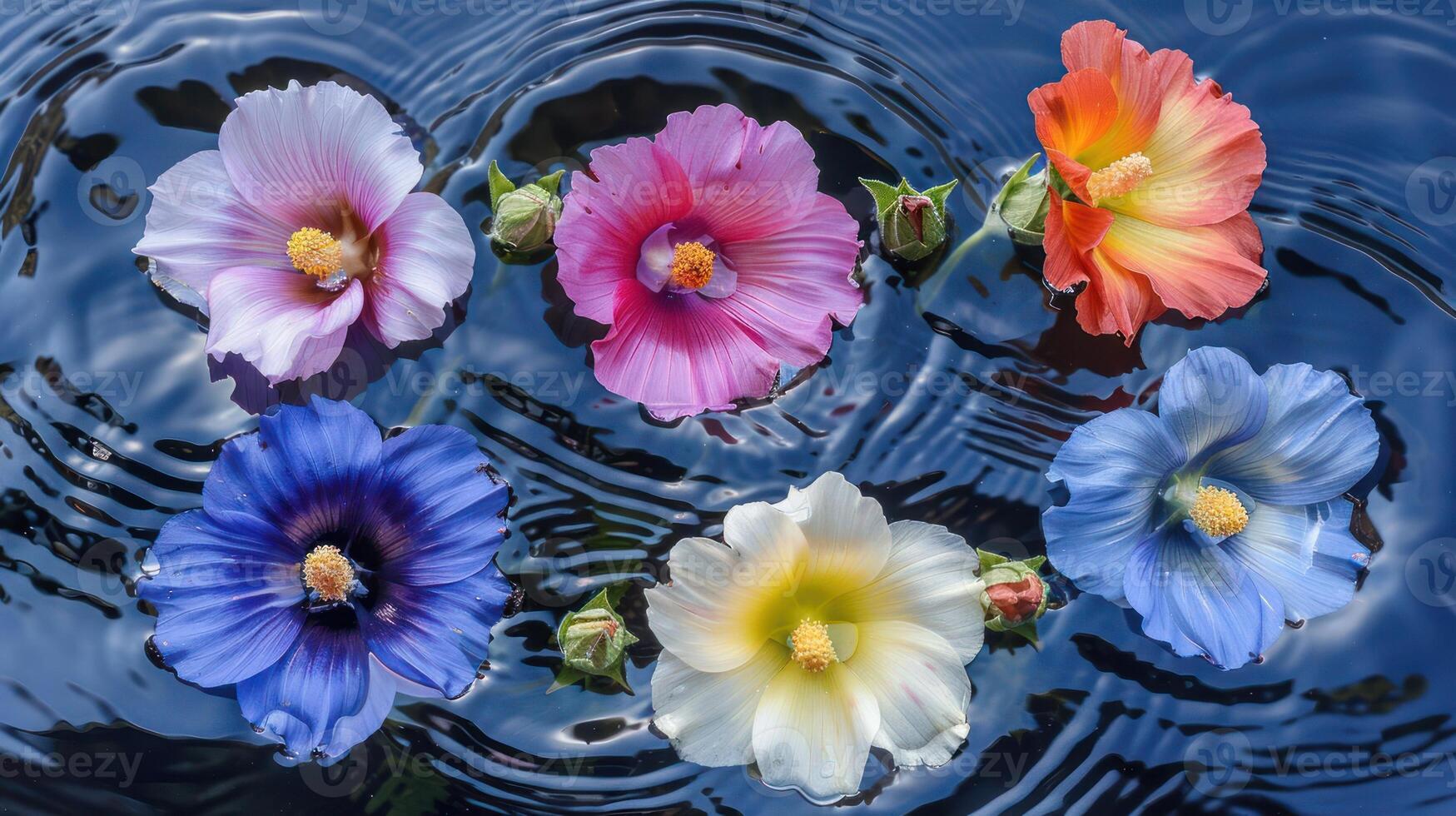 Vibrant flowers floating gracefully on serene water surface, creating a tranquil nature scene photo
