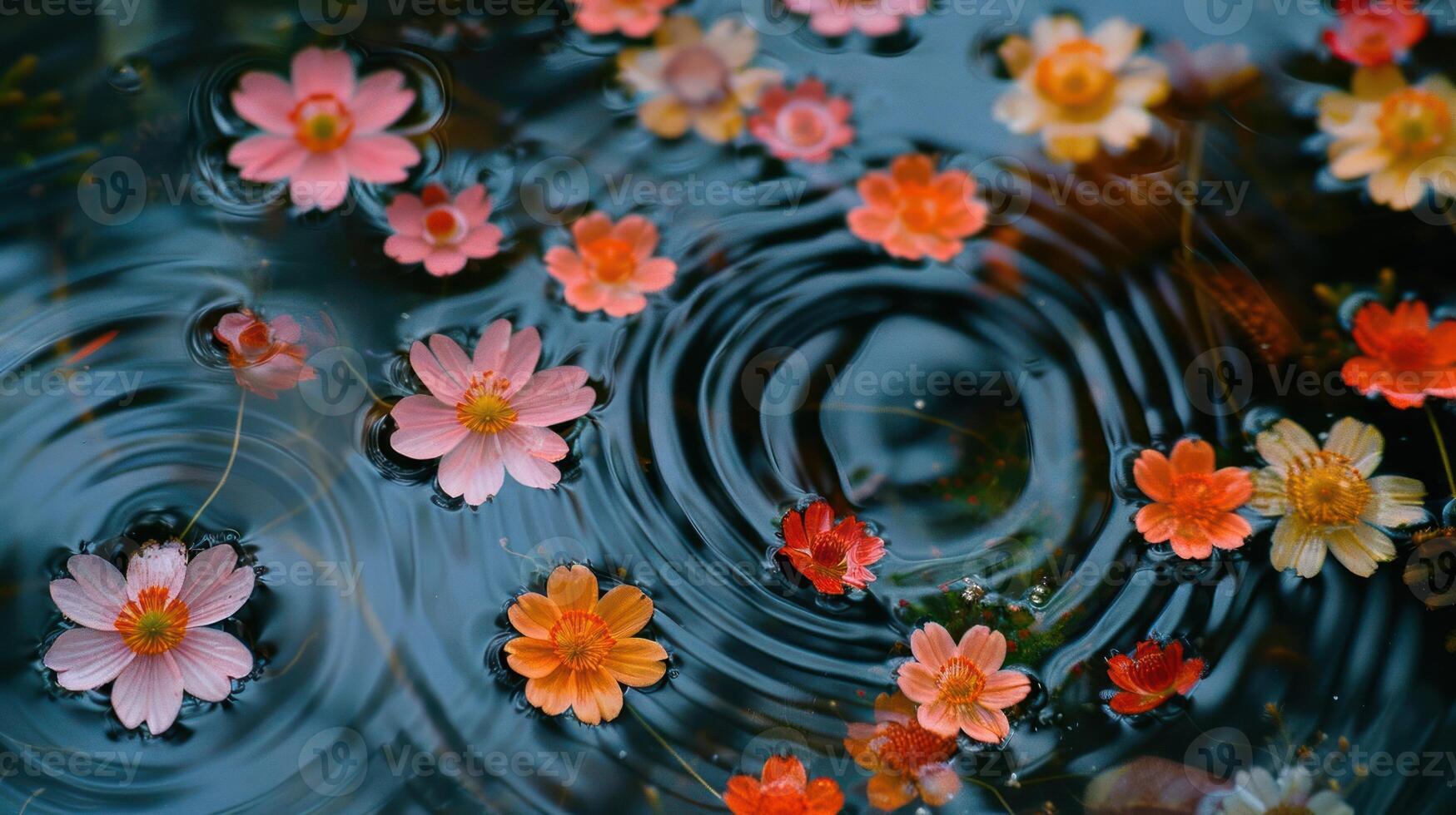 Colorful flowers floating on water surface with ripples, creating a serene natural scene photo