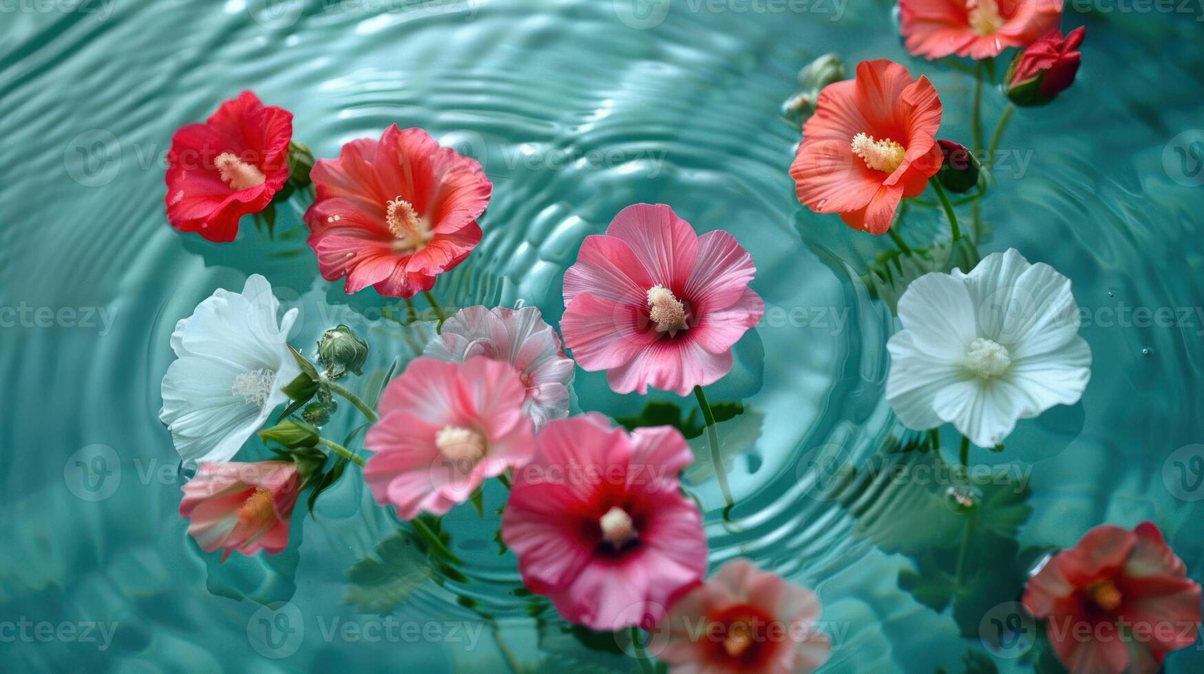 Colorful flowers floating on serene water surface, creating ripples in a tranquil setting photo