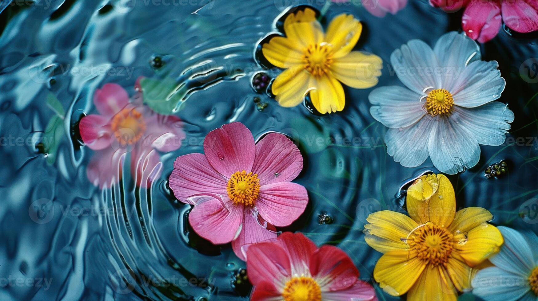 Colorful flowers floating on water surface, creating ripples in a serene natural setting photo