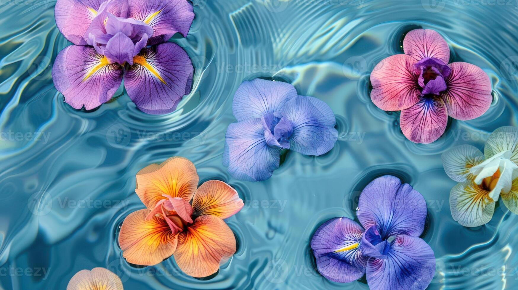Colorful orchids floating serenely on a tranquil blue water surface, creating a peaceful scene photo
