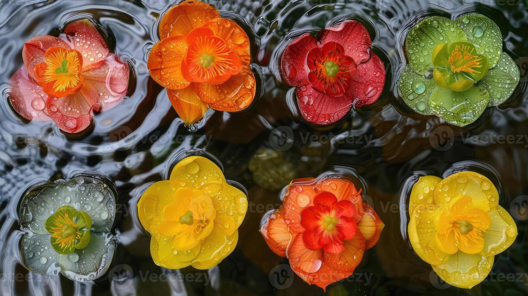 Colorful flowers floating on water surface with raindrops, creating a serene natural scene photo