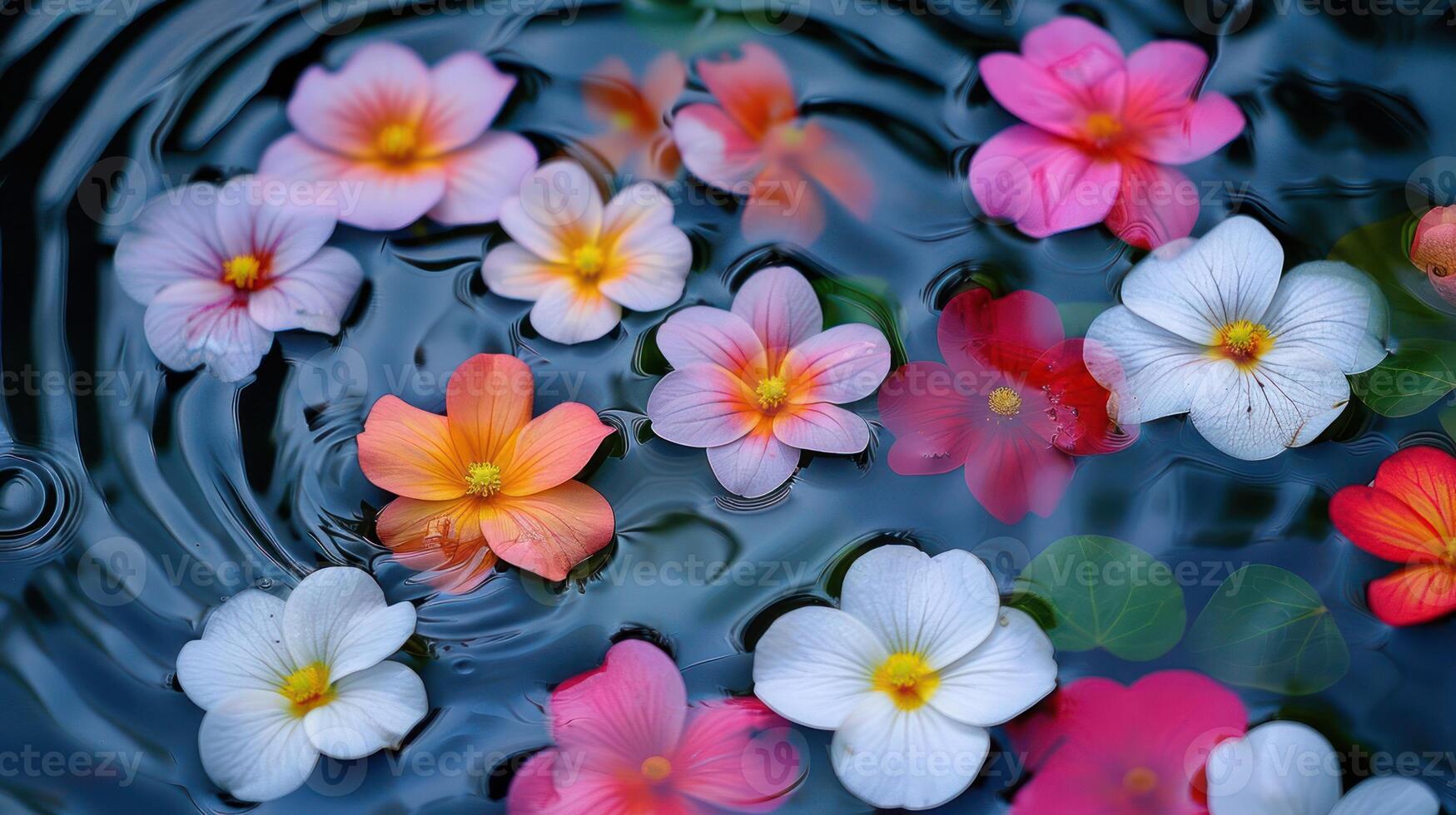 Vibrant blossoms floating on tranquil water surface with gentle ripples, serene nature scene photo