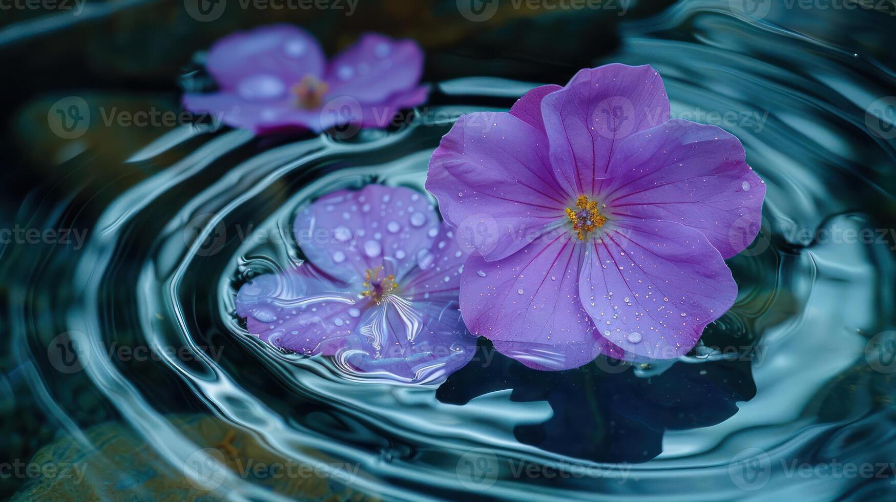 Pink flowers with droplets floating on water surface, creating ripples in a serene pond setting photo