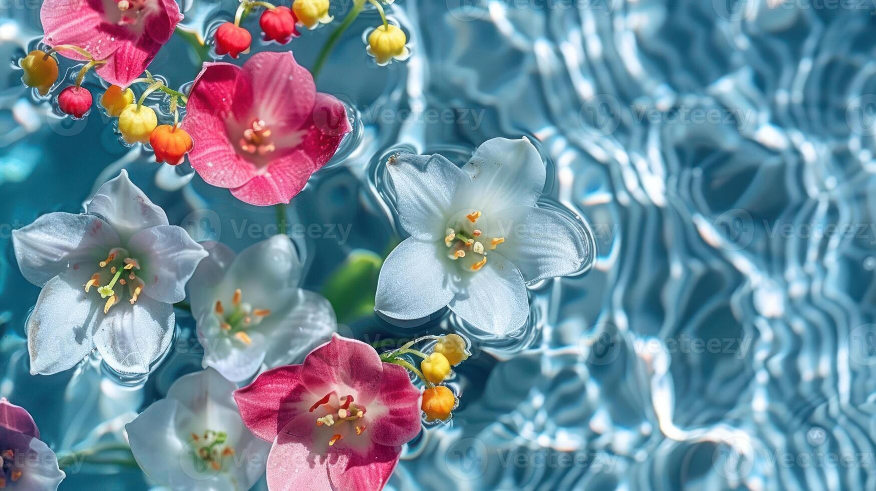 Colorful flowers floating on water surface with ripples, creating a serene and vibrant scene photo