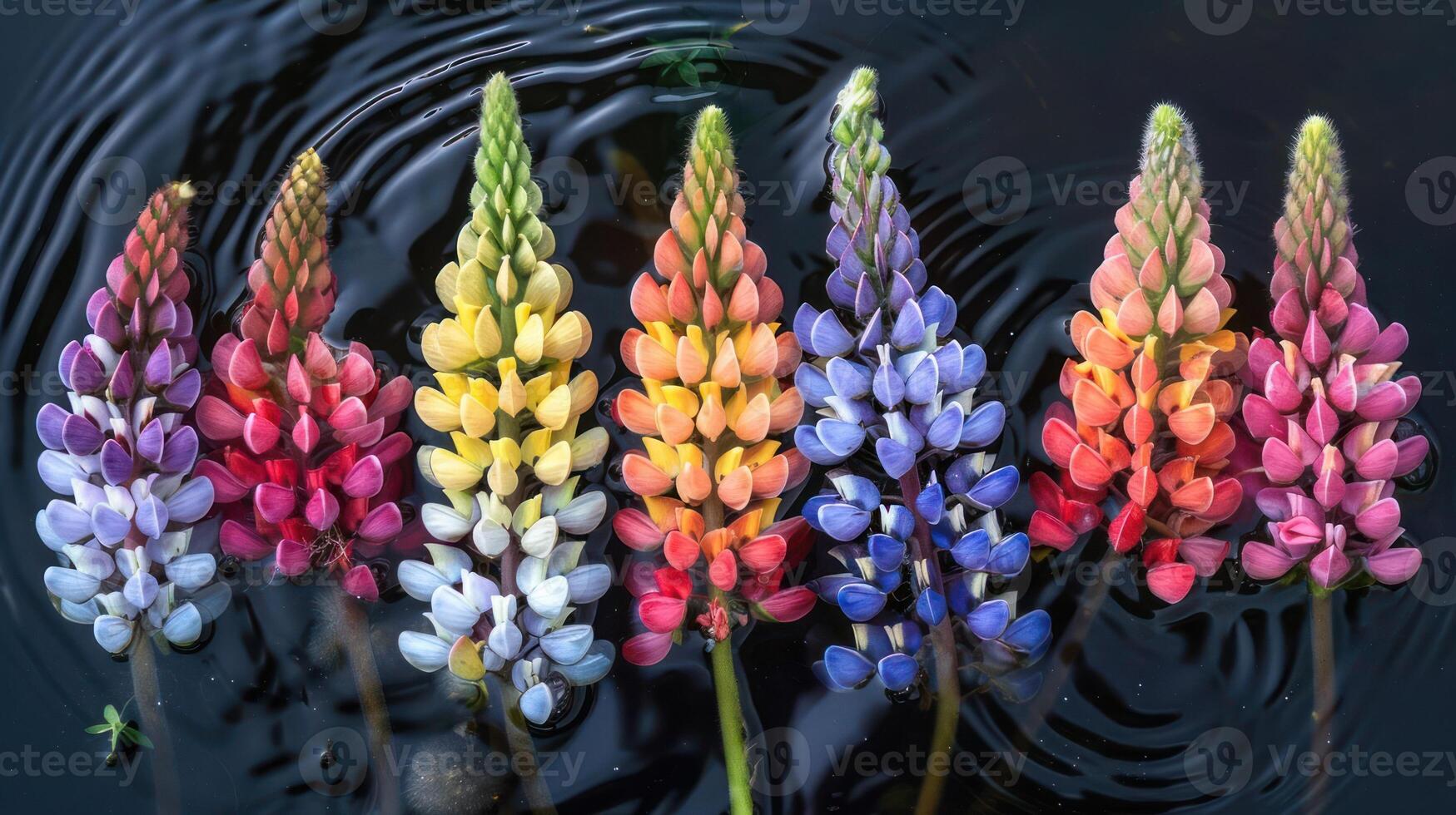 Colorful lupine flowers arranged in a serene pond, reflecting vibrant hues against rippling water photo