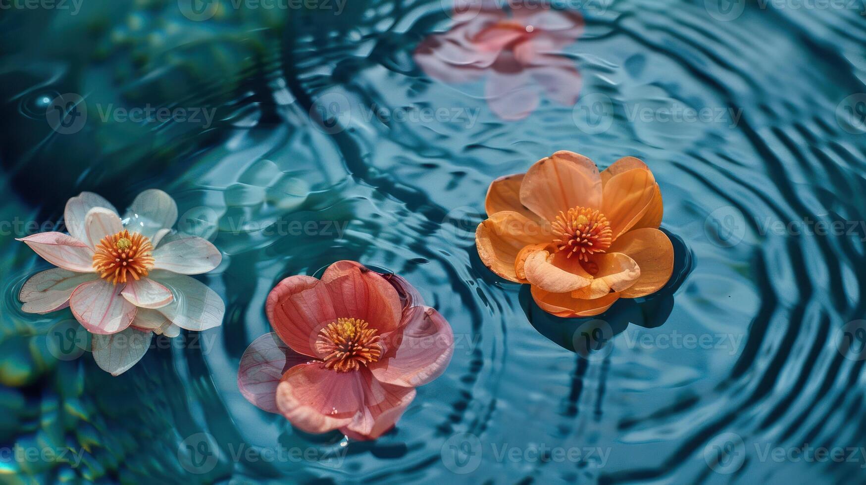 Tranquil scene of colorful flowers floating on serene water surface with gentle ripples photo