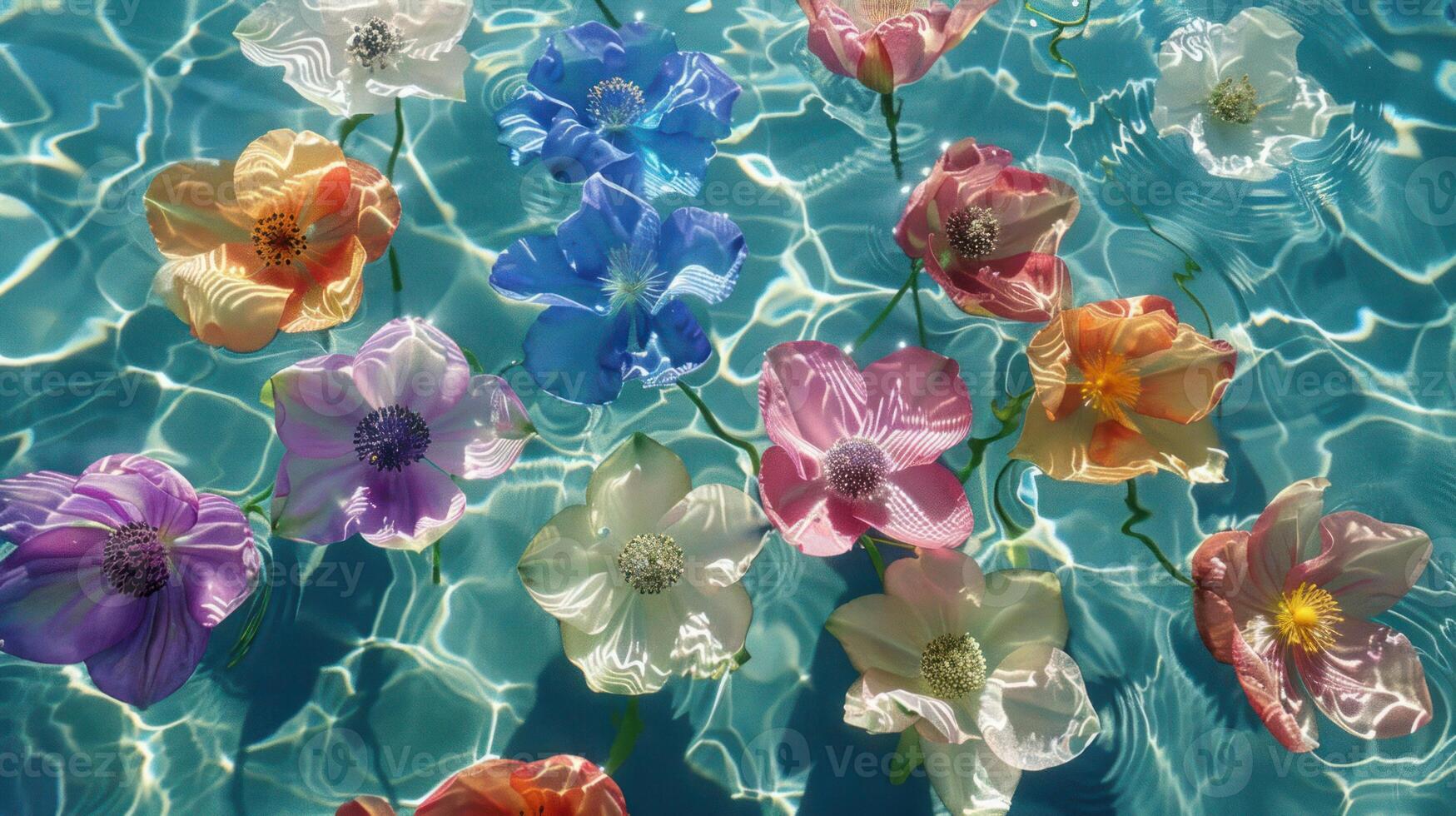 Vibrant artificial flowers floating on a shimmering blue water surface, creating a serene atmosphere photo