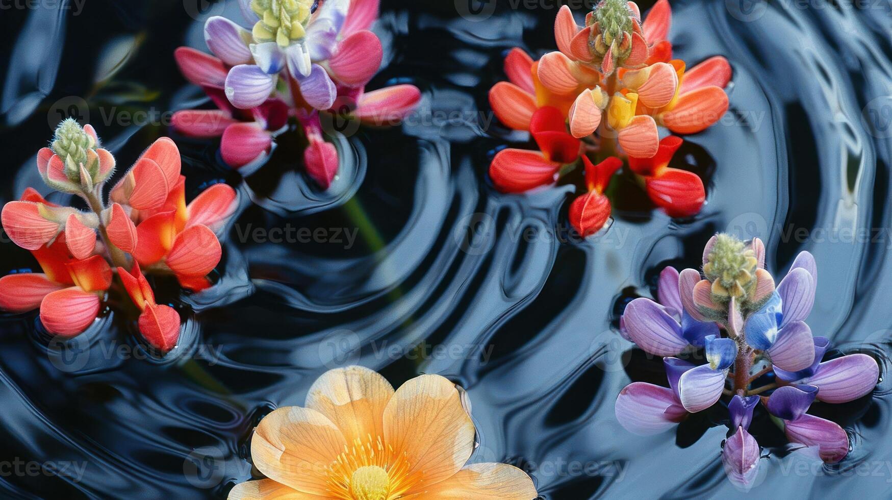 Vibrant aquatic flowers floating on a tranquil water surface, creating a serene atmosphere photo