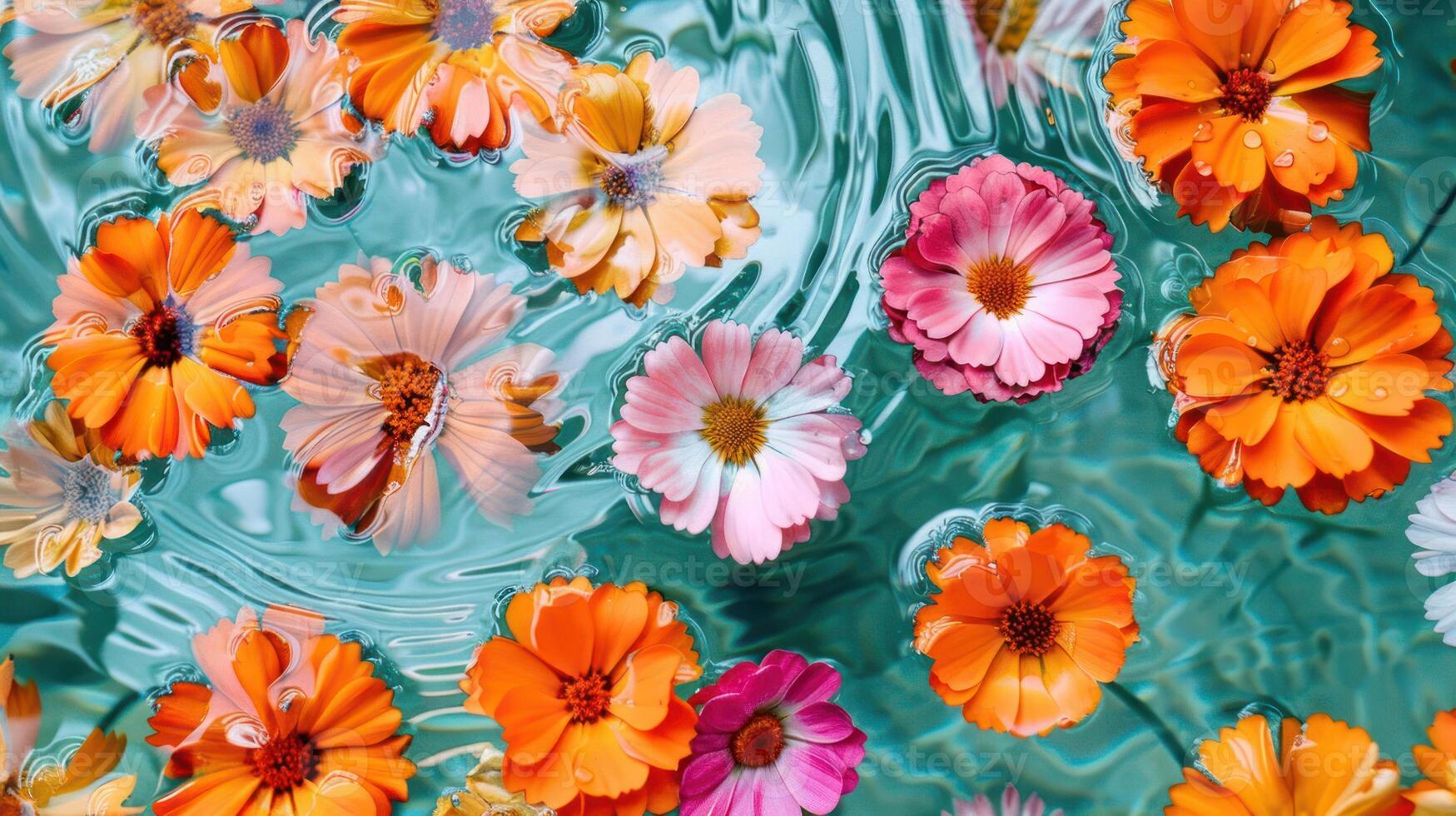 Vibrant assortment of colorful flowers floating on tranquil water surface, creating a serene atmosphere photo