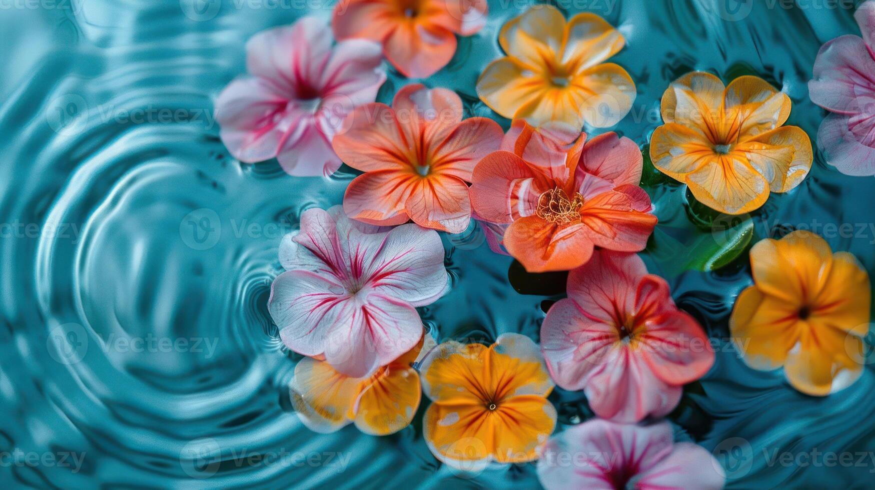 Vibrant flowers floating on water surface, creating ripples, with a serene background ambiance photo