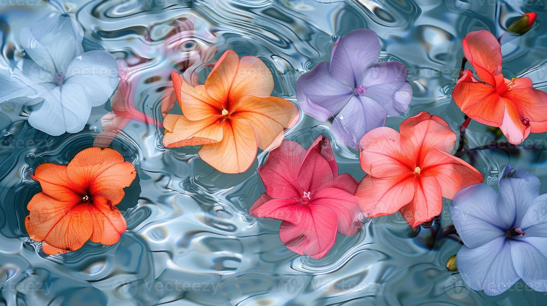 Colorful tropical flowers floating on water surface, creating a serene and vibrant atmosphere photo