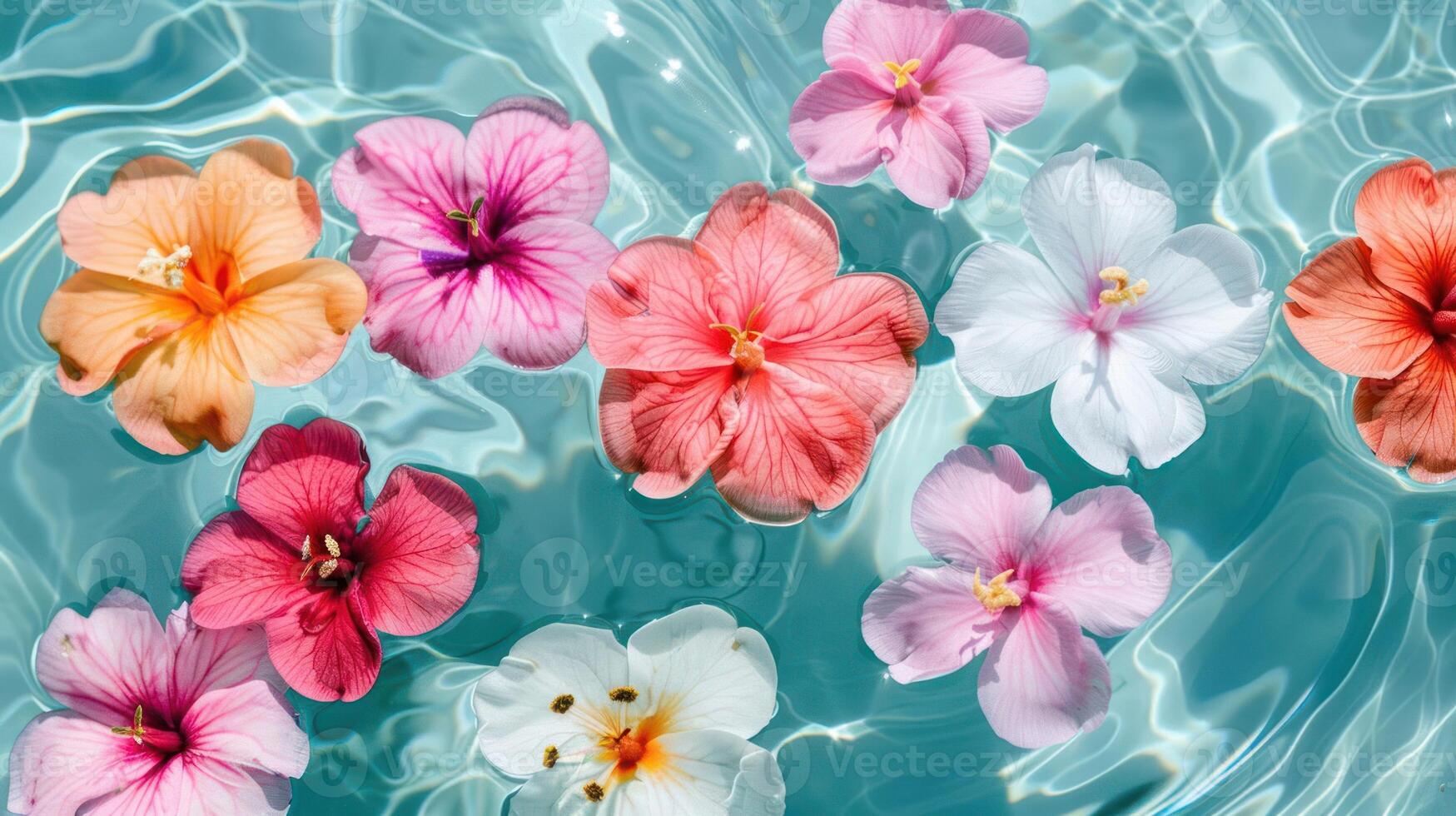 Vibrant tropical flowers floating on clear water, creating a serene and colorful aquatic scene photo