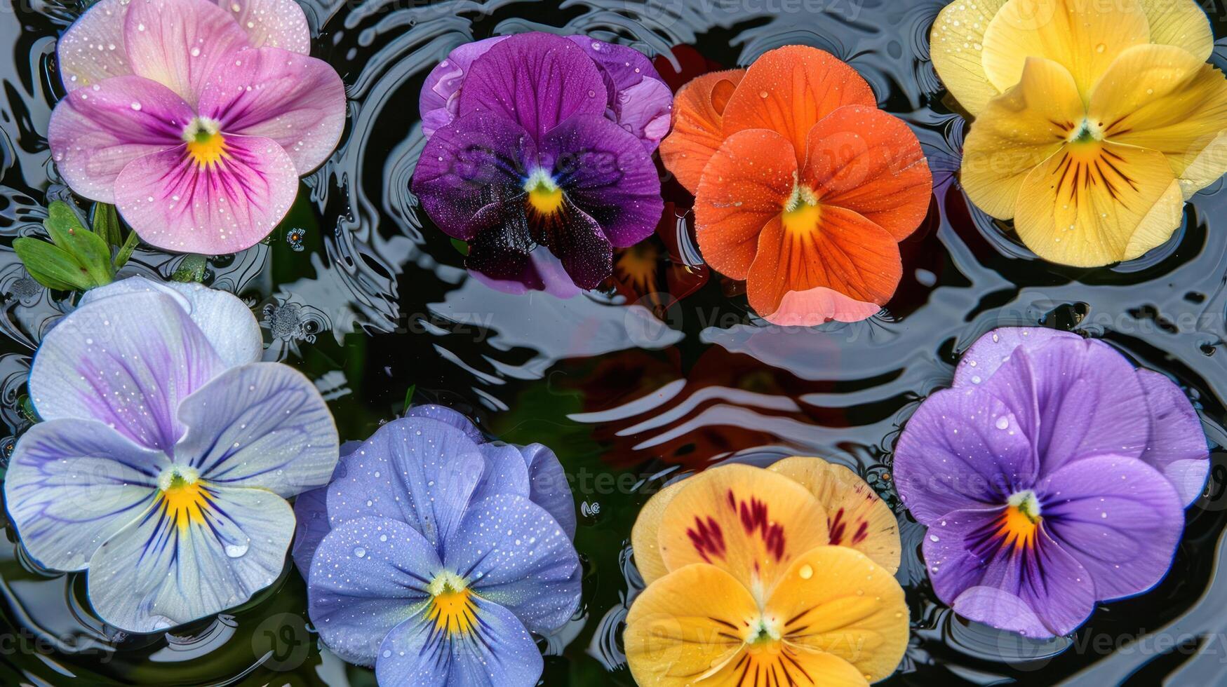 Colorful pansies floating on water surface, surrounded by gentle ripples and natural greenery photo