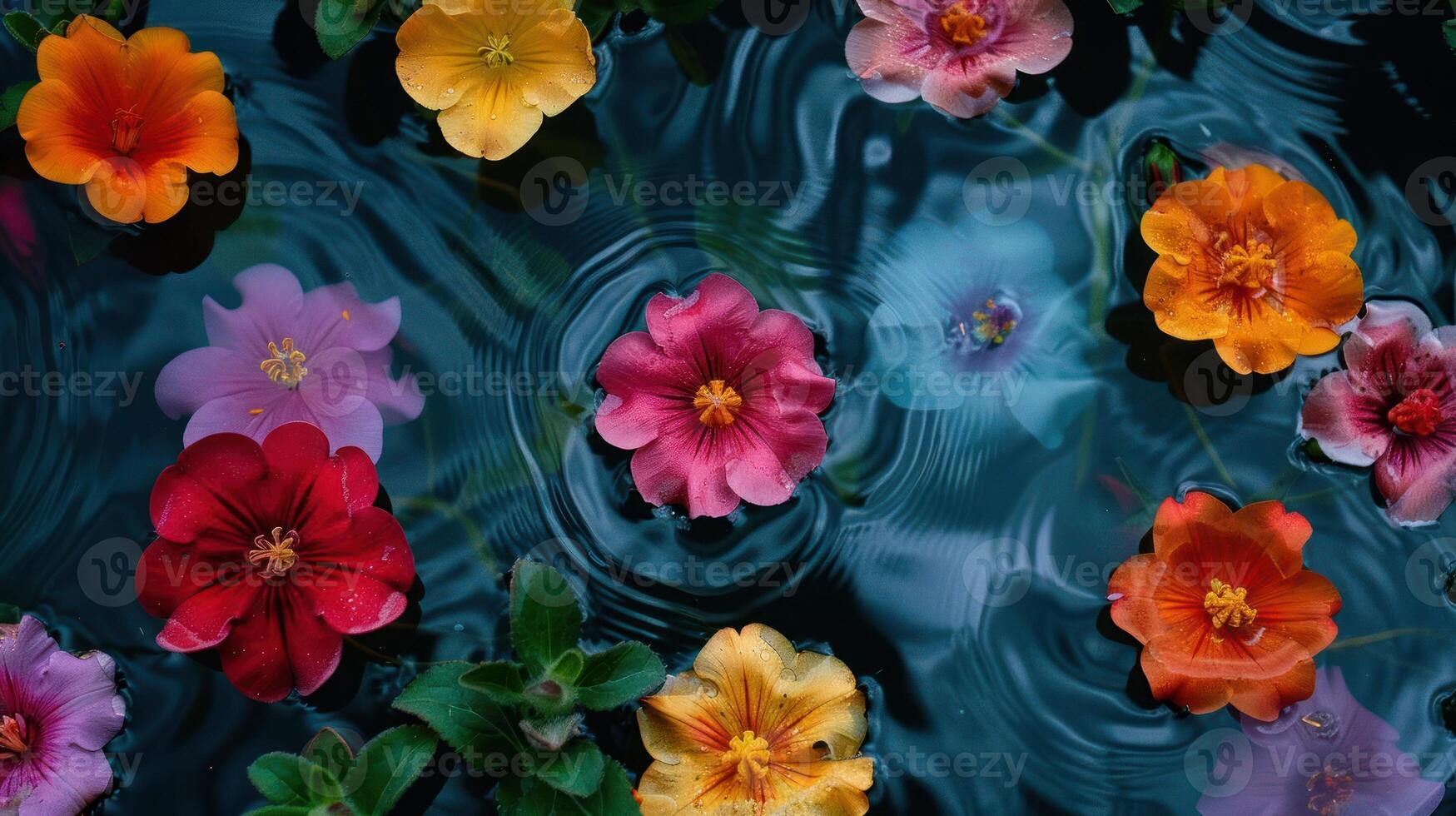 Vibrant assortment of blooming flowers floating on a serene water surface with ripples photo