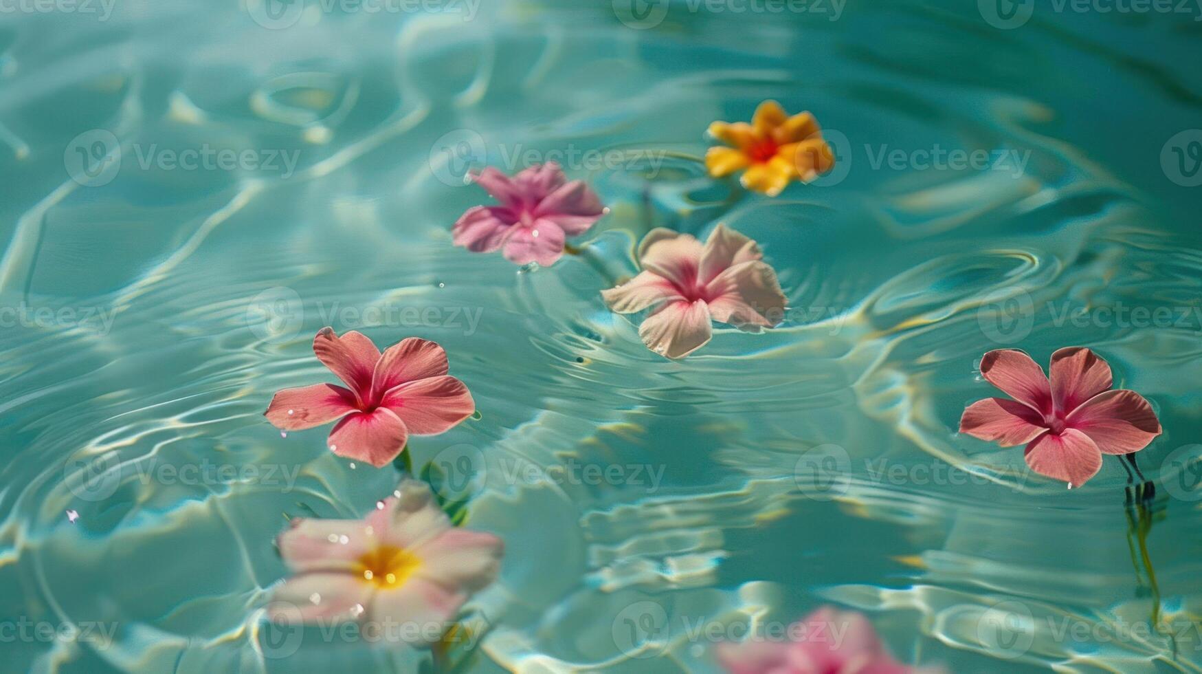 Colorful flowers floating serenely on a turquoise water surface, creating a tranquil atmosphere photo