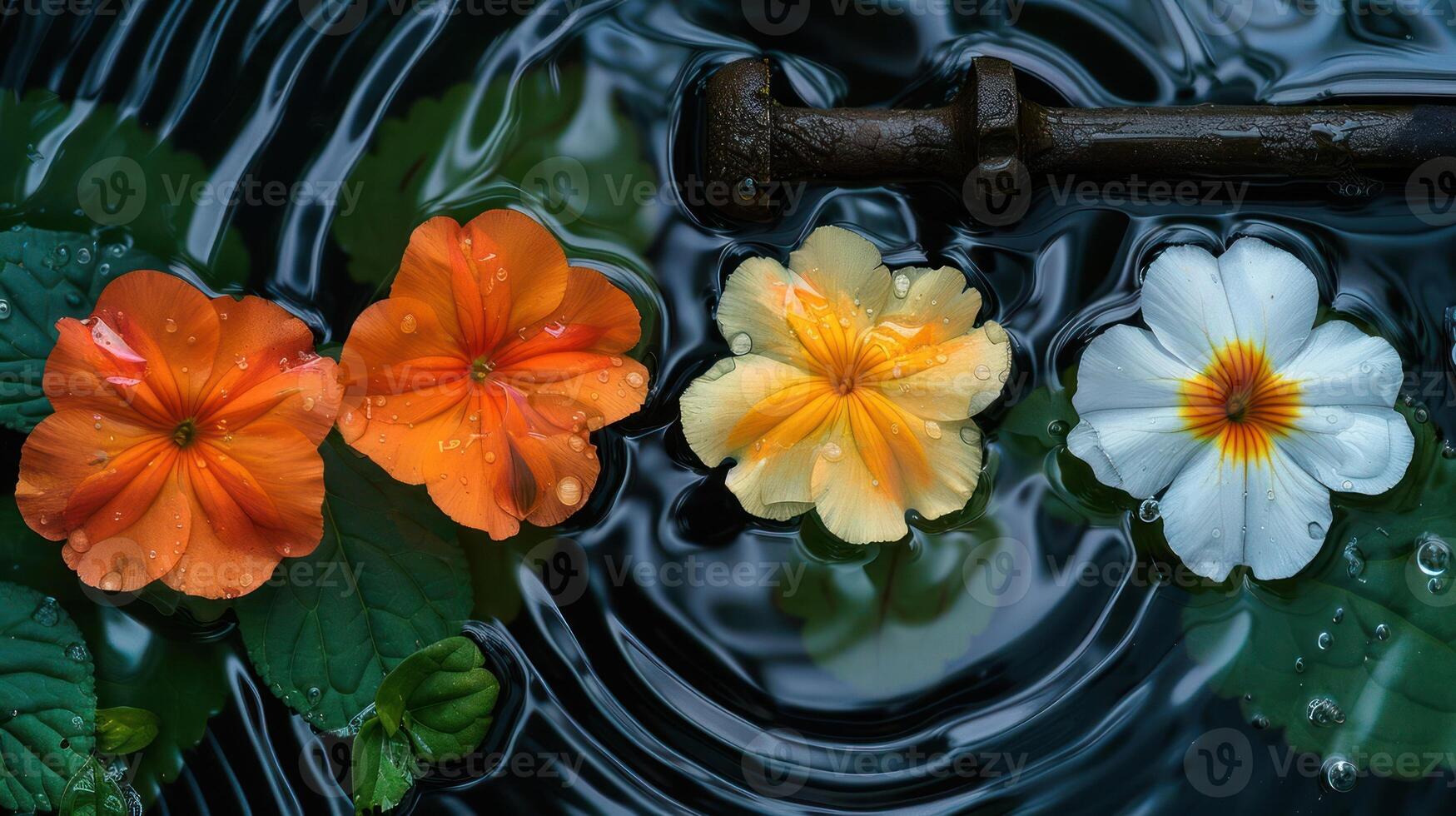 Vibrant flowers floating on dark water with a rustic pipe, creating a serene natural scene photo