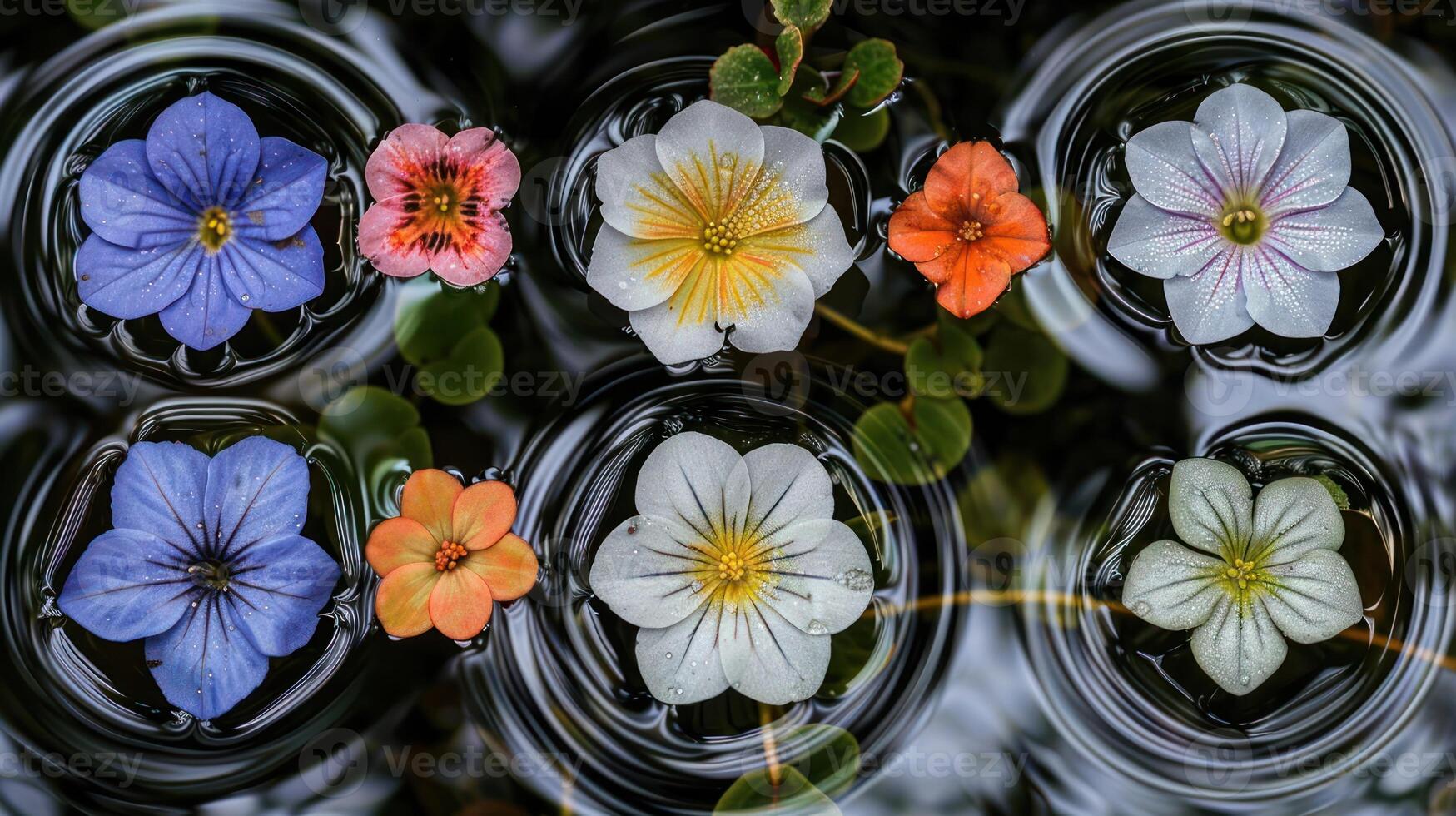 Colorful flowers floating on water surface, creating a serene natural scene with ripples photo