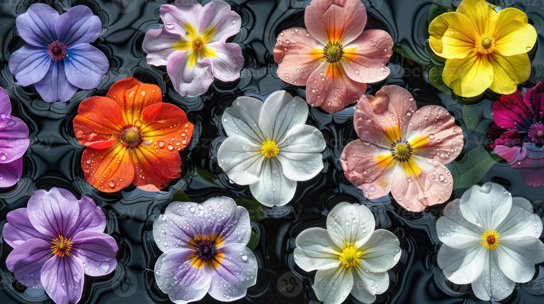 Vibrant assortment of colorful flowers floating on dark water with droplets, serene backdrop photo