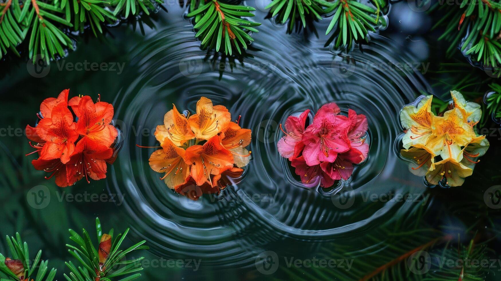Vibrant flowers floating on water, creating ripples, surrounded by lush green foliage photo
