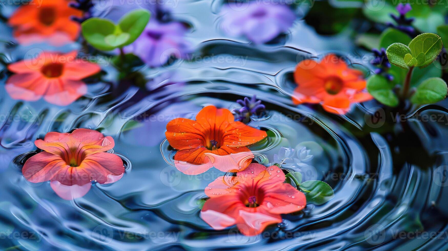 Vibrant orange and purple flowers floating on water, creating ripples in a serene garden pond photo
