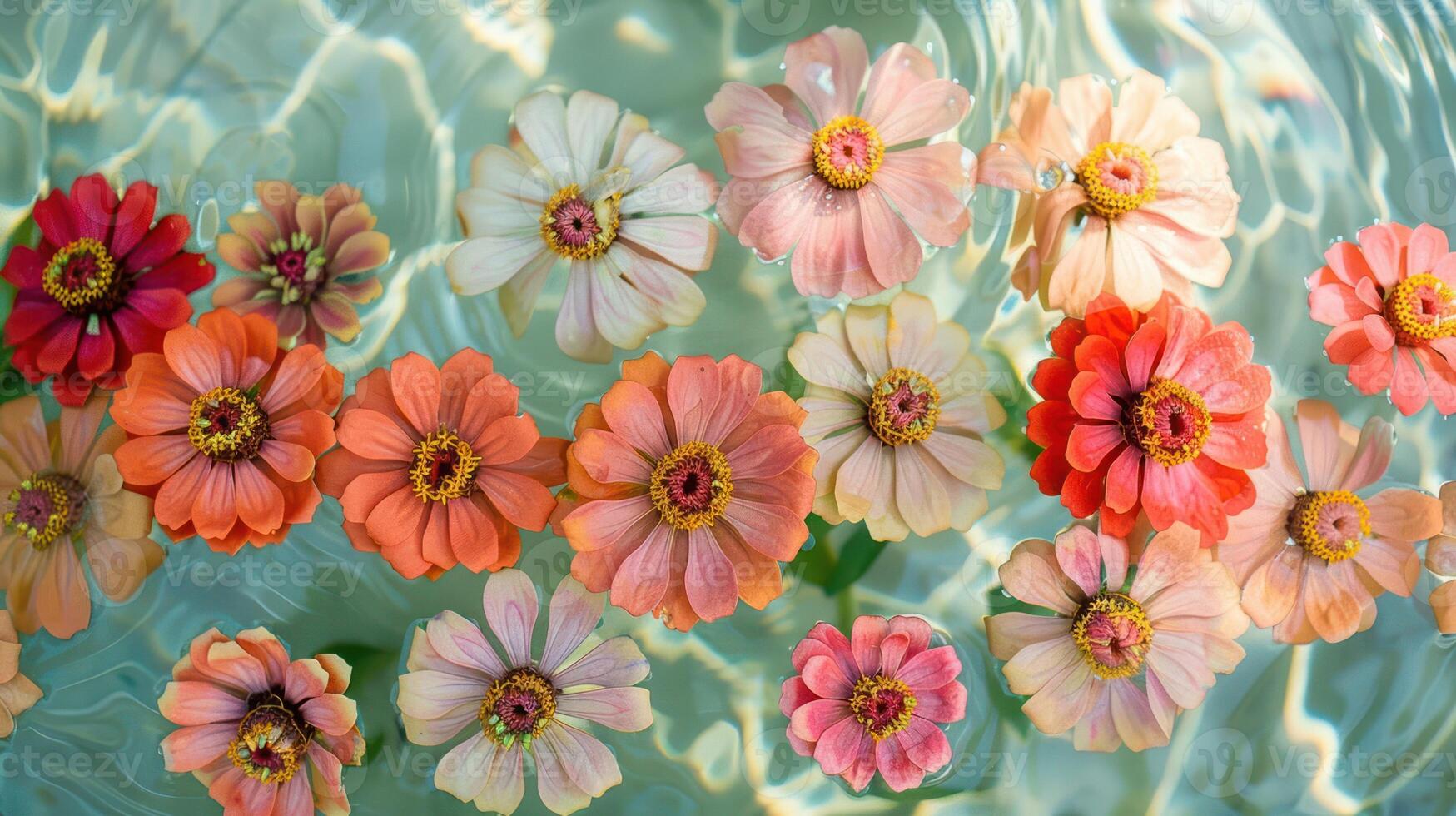 Vibrant assortment of floating flowers in a serene water setting, creating a tranquil ambiance photo