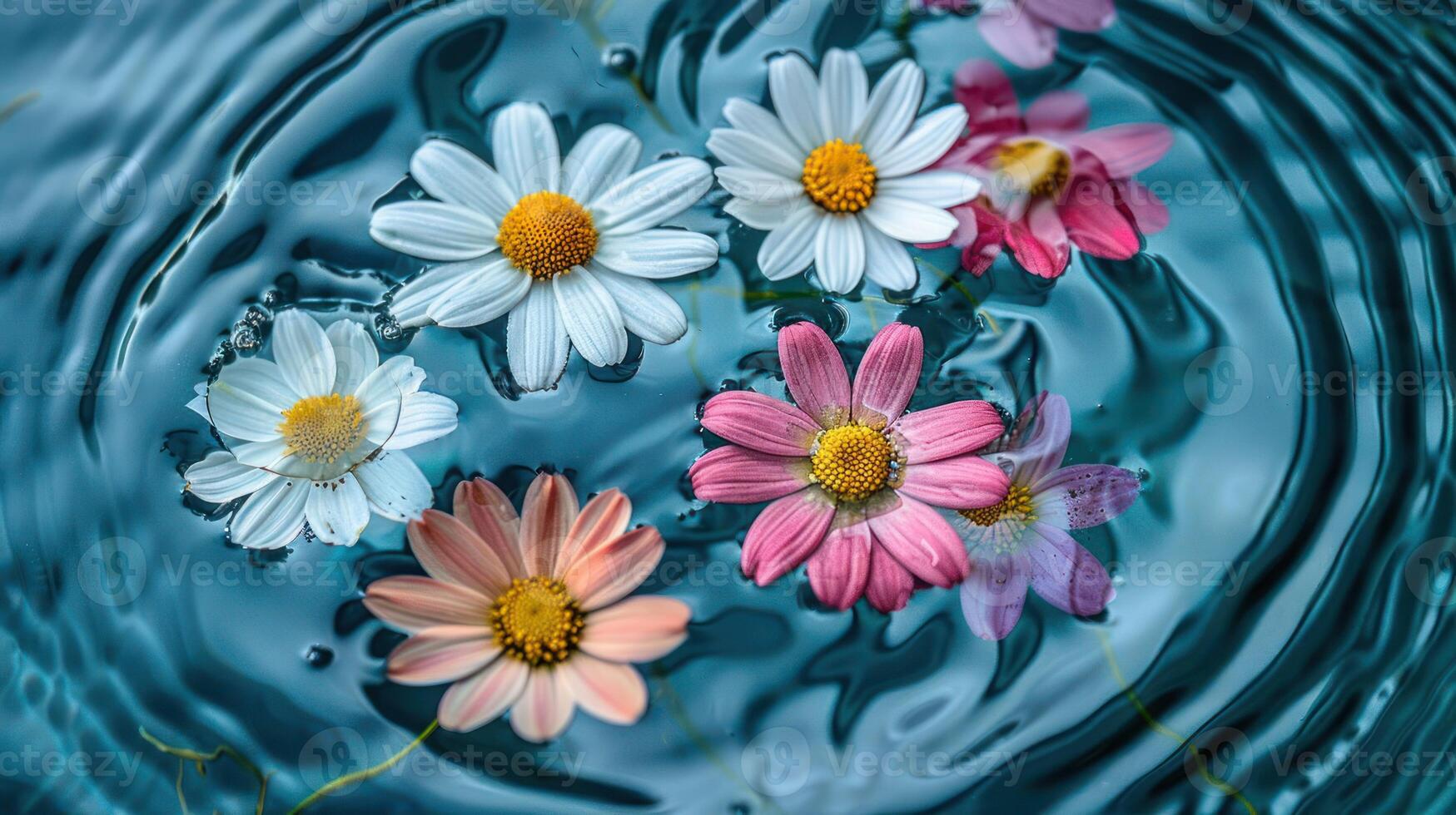 Colorful daisies floating on serene water surface, creating a tranquil and vibrant scene photo