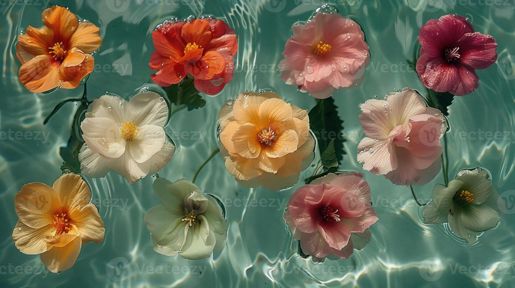 Vibrant hibiscus flowers floating on tranquil turquoise water, creating a serene and colorful scene photo