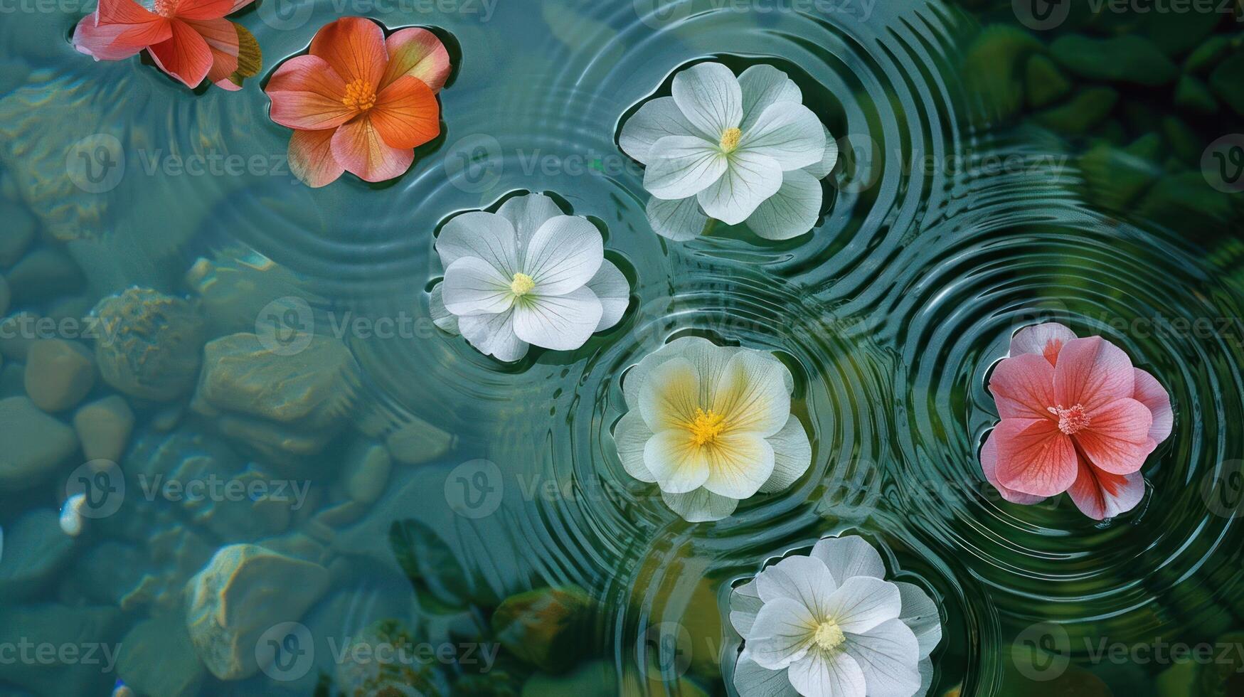 Tranquil scene of colorful flowers floating on water, surrounded by pebbles and gentle ripples photo