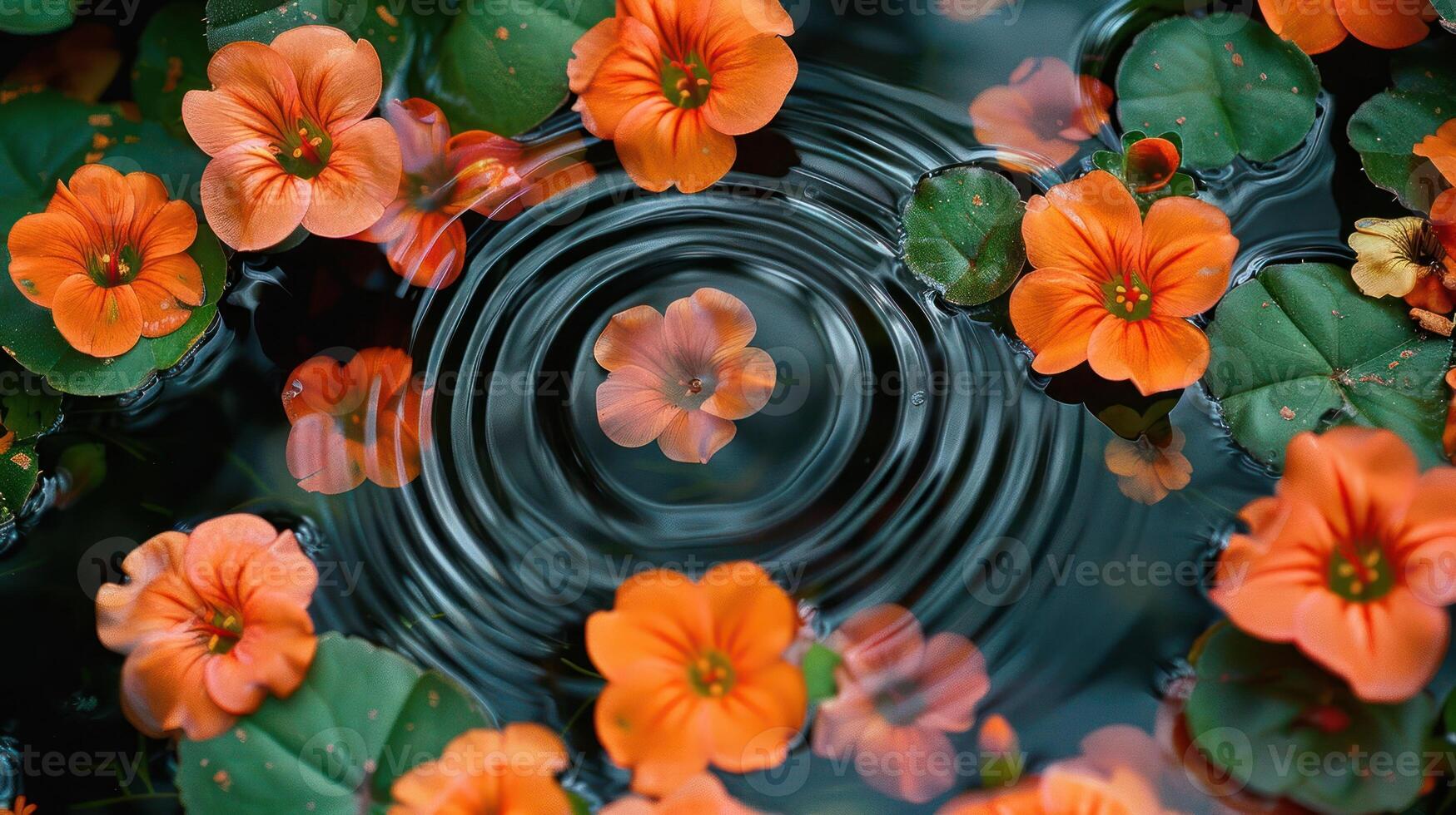 Vibrant orange flowers floating on water creating ripples, surrounded by lush green leaves photo
