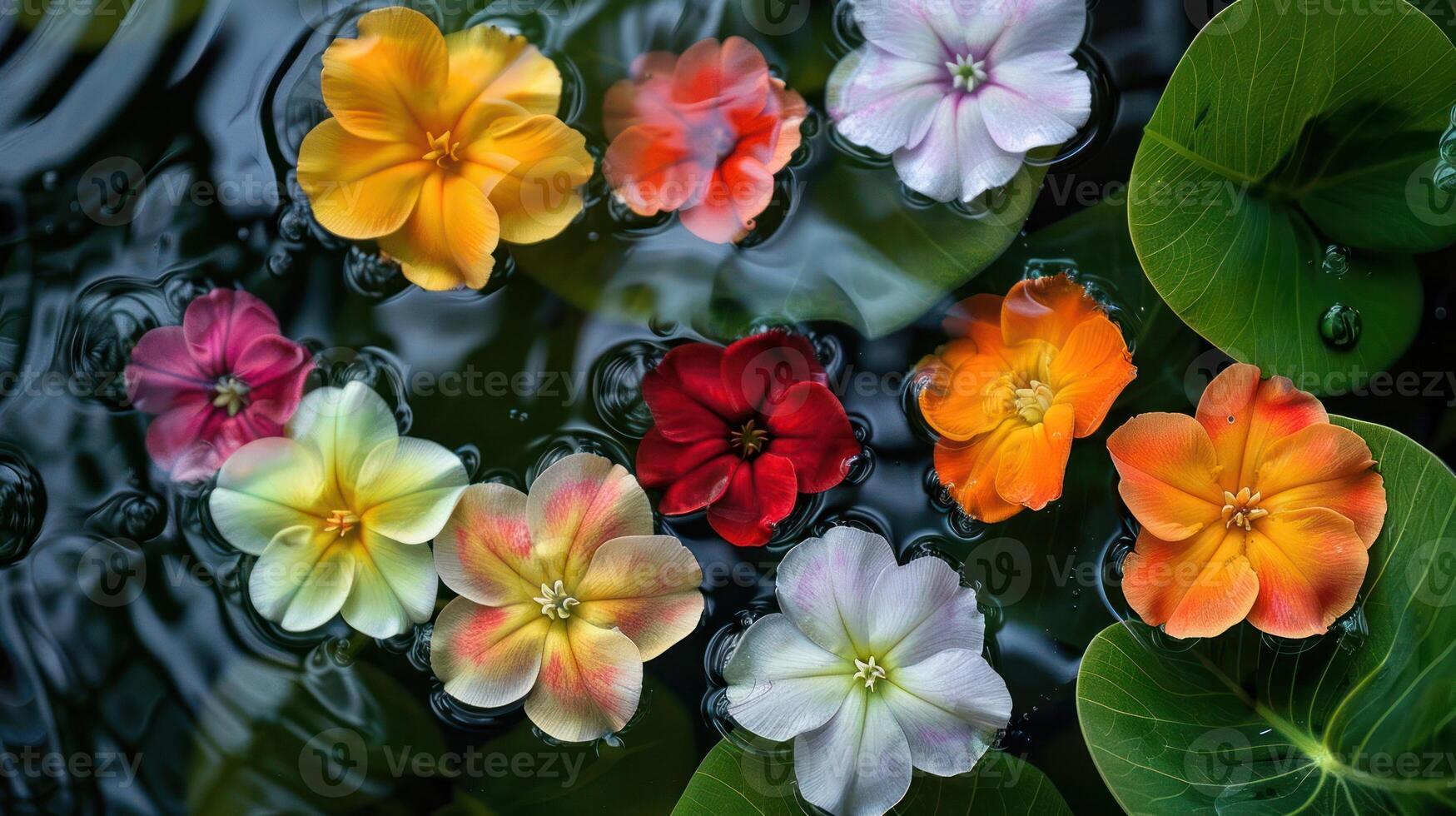 Vibrant flowers floating on water surface, surrounded by green leaves, creating a serene atmosphere photo
