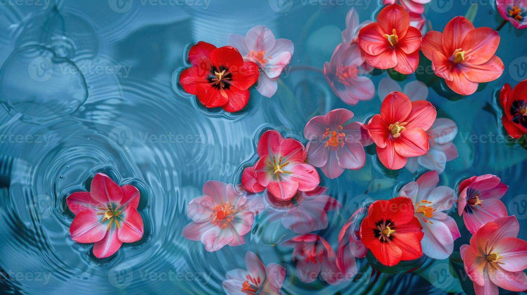 Vibrant tulips floating on serene water surface, creating a tranquil and colorful scene photo
