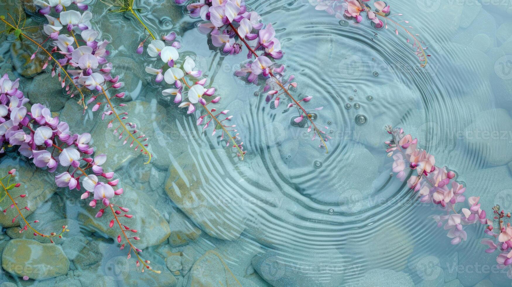 Serene scene of pink flowers floating on calm water, creating ripples over smooth stones photo