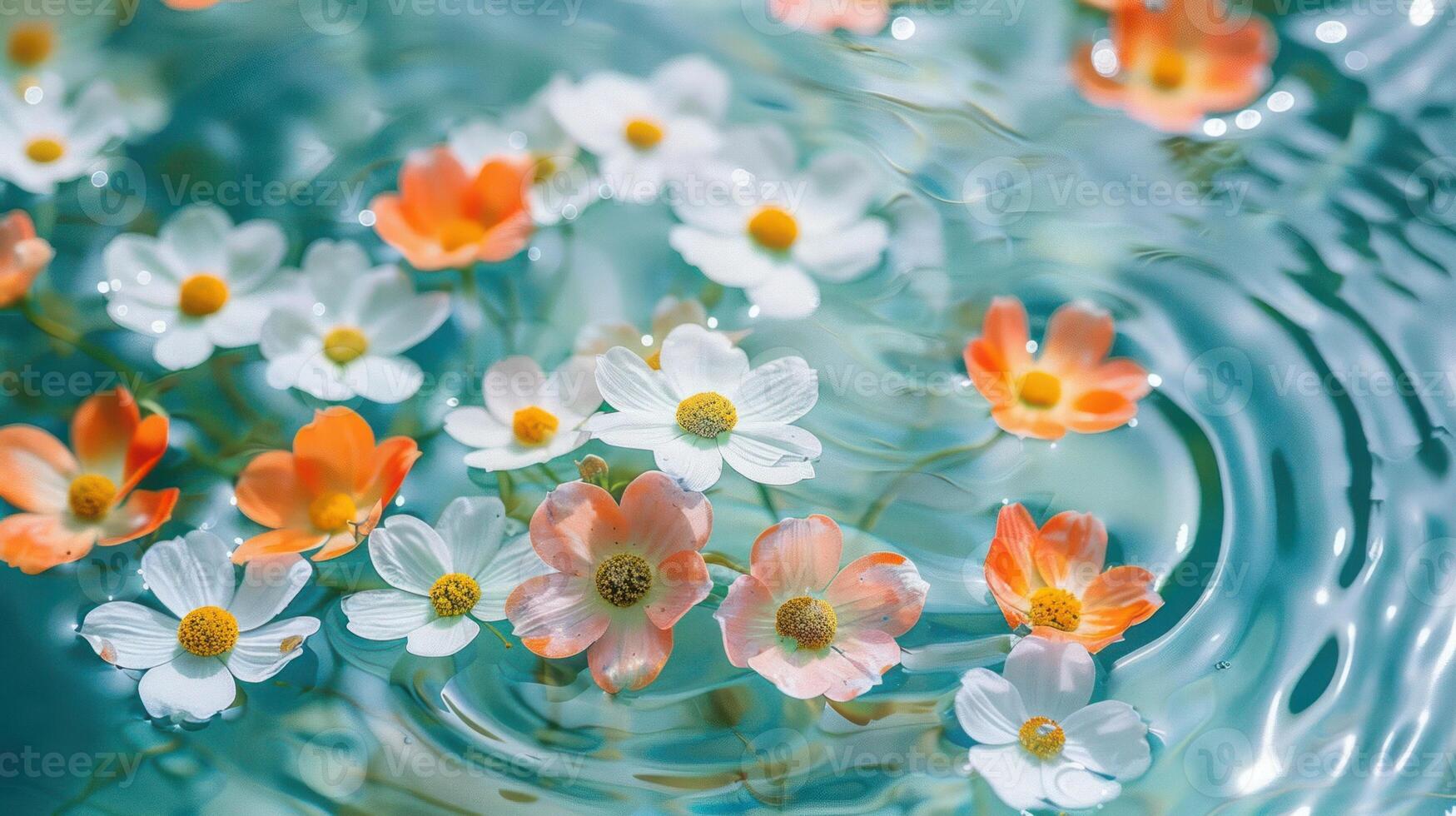 Vibrant flowers floating on tranquil water surface, creating a serene and colorful scene photo