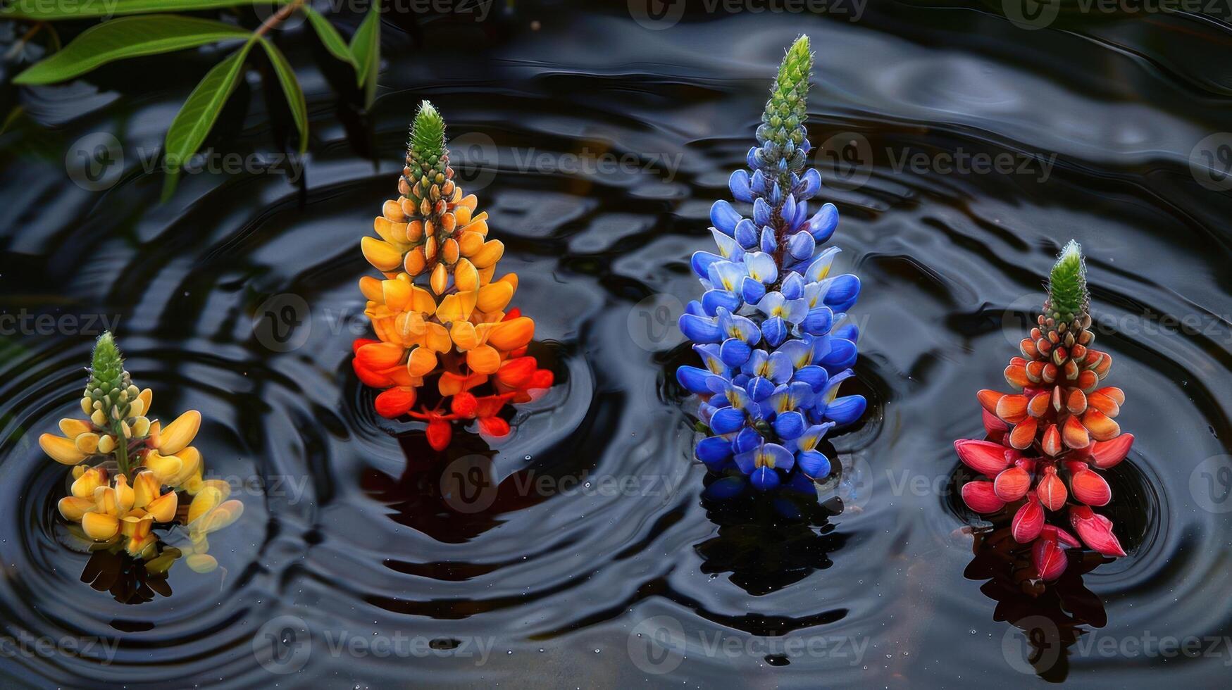 Vibrant Lupin Flowers Floating on Calm Water Surface with Reflections in a Serene Setting photo