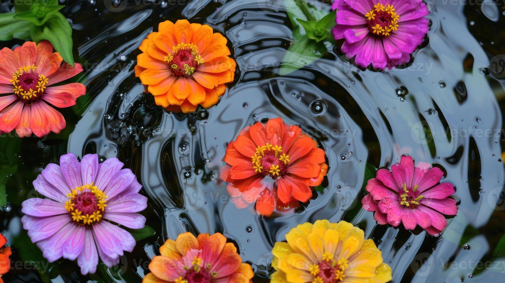 Vibrant flowers floating on dark water surface, creating a serene and colorful nature scene photo