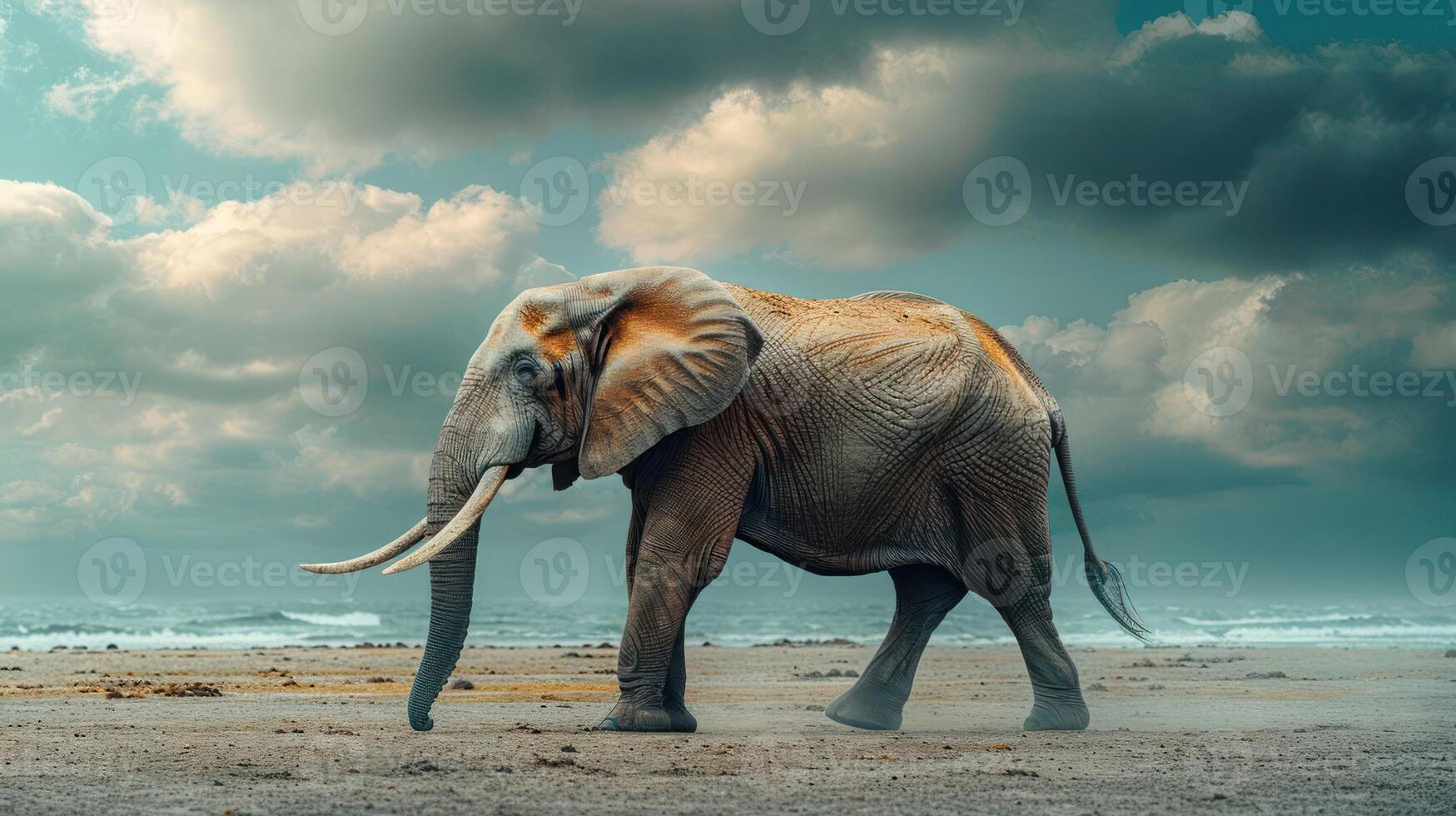 Majestic elephant walking across a sandy landscape under a dramatic cloudy sky photo