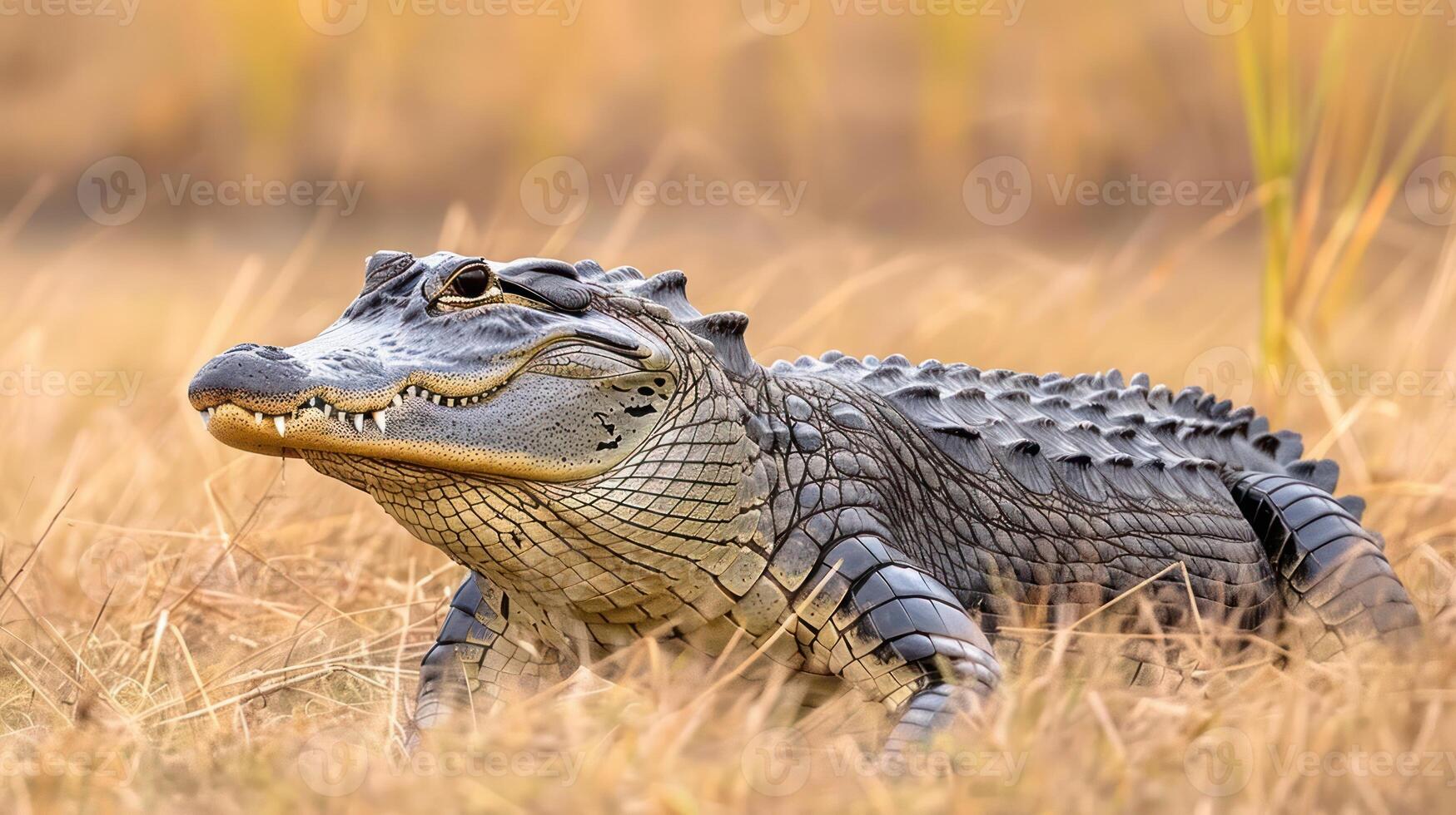 Close-up of a crocodile resting on dry grass in a natural habitat, with blurred background scenery photo