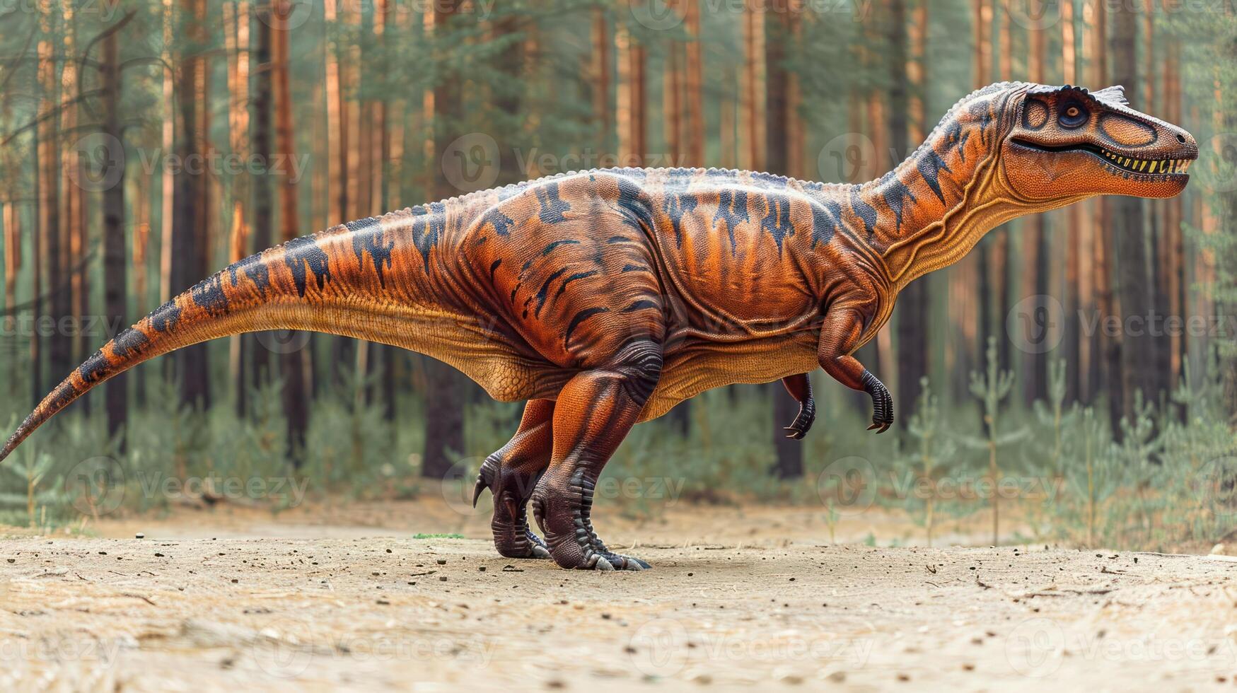 Realistic dinosaur model walking through a lush forest with sunlight filtering through trees photo