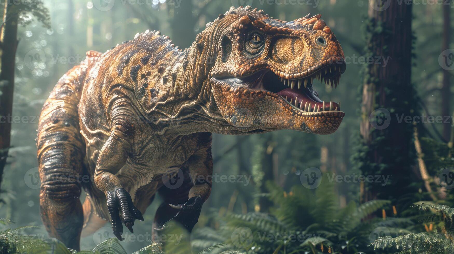 A roaring dinosaur in a lush prehistoric forest, surrounded by ferns and towering trees, evoking adventure photo