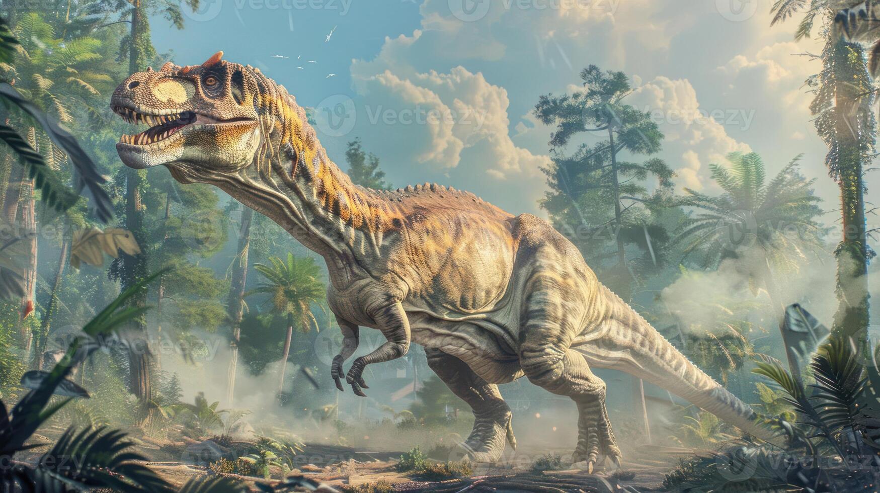 A majestic dinosaur roaming through a lush prehistoric jungle under a vibrant sky photo