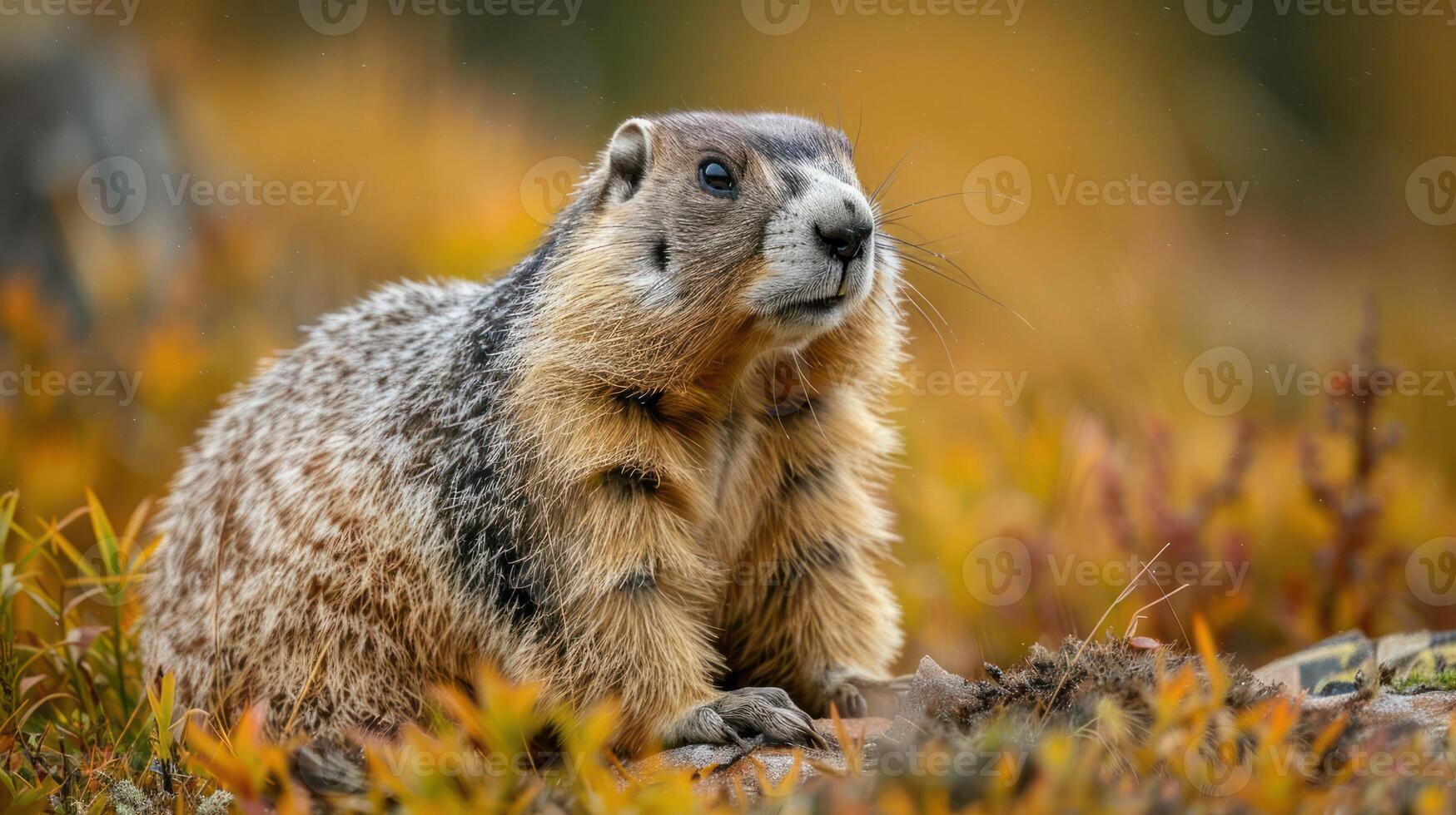 Close-up of a marmot in a vibrant autumn landscape with colorful foliage in the background photo