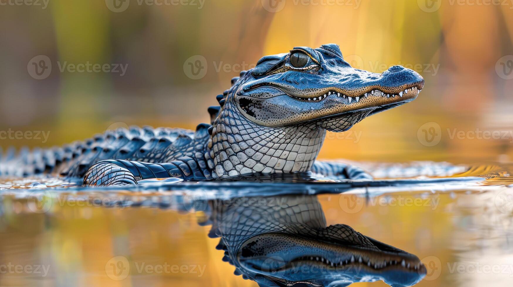 Alligator swimming gracefully in serene waters surrounded by vibrant foliage at sunset photo