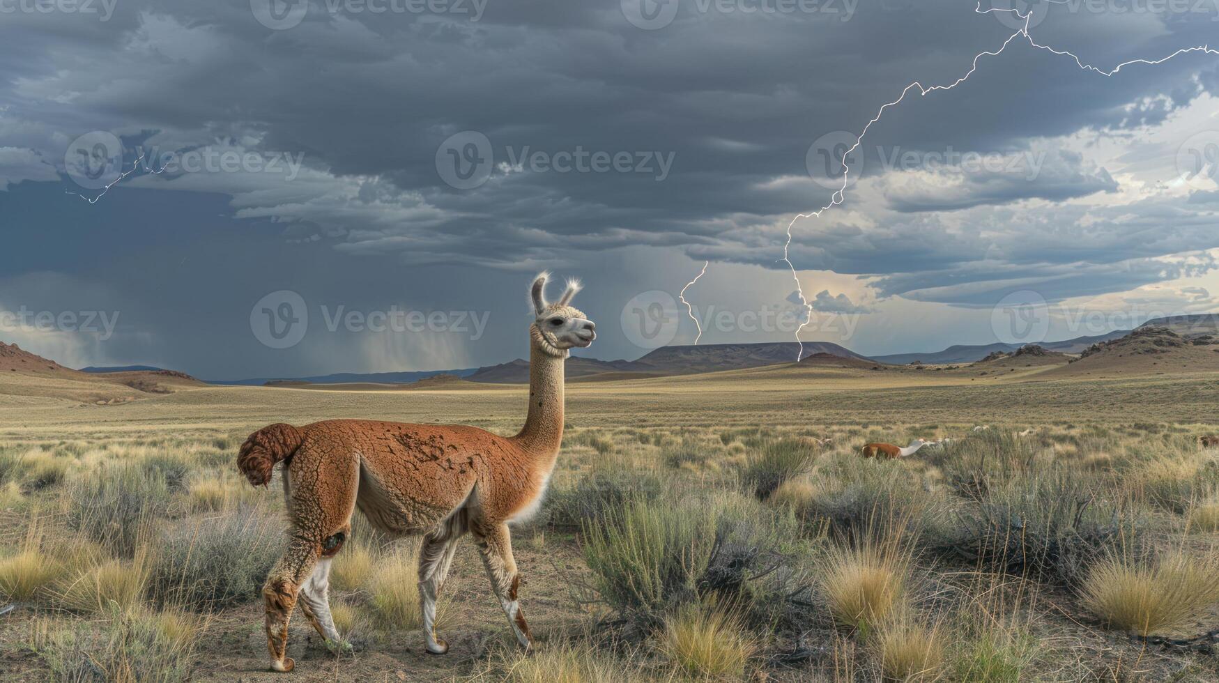 Llama grazing in a vast landscape under dramatic stormy skies with lightning in the distance photo