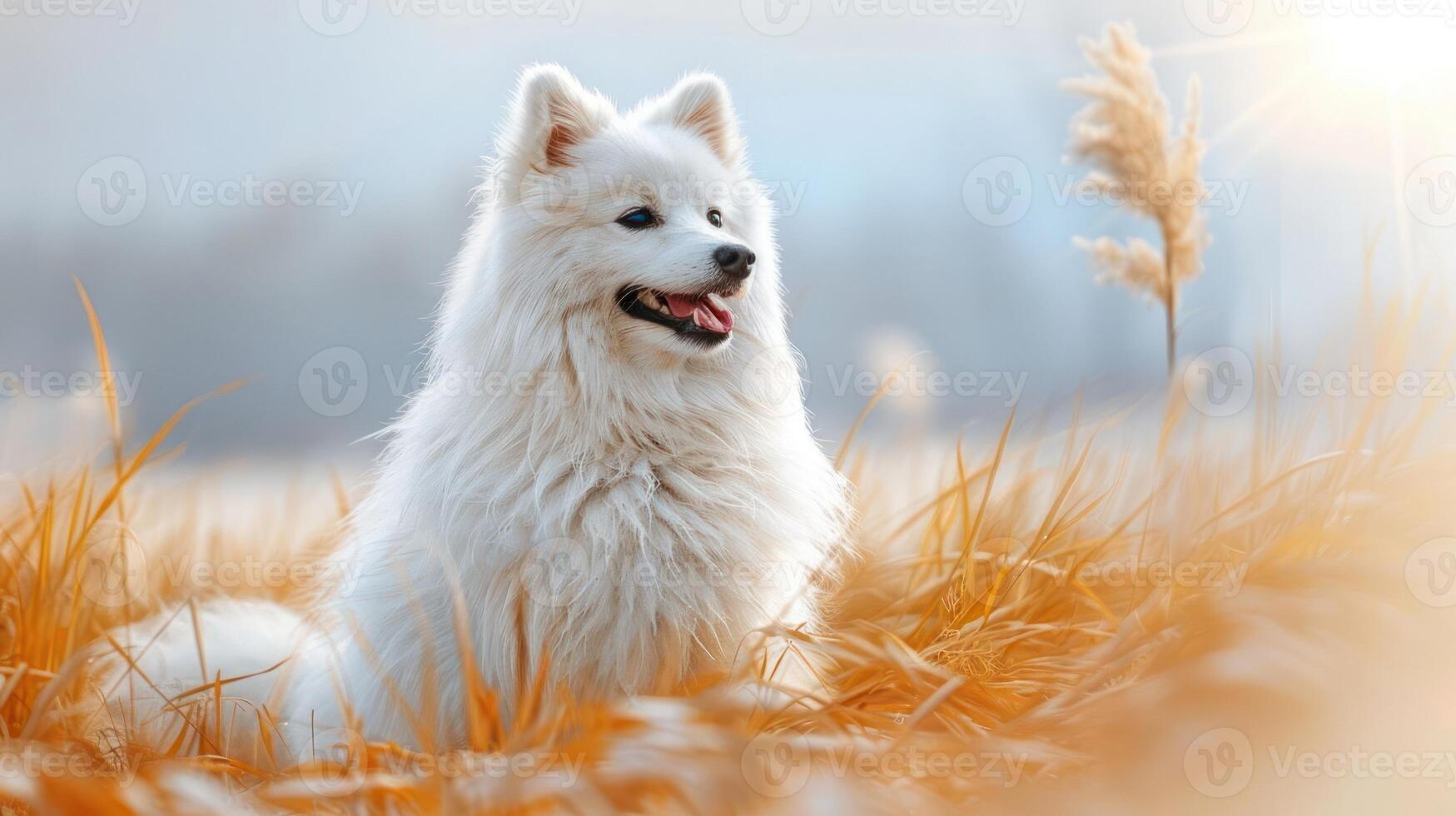 Majestic white dog resting in golden grass during a serene autumn afternoon in nature photo