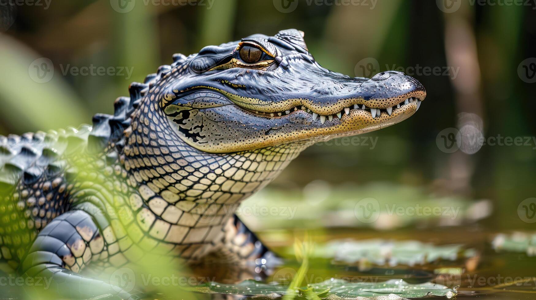 Close-up of a crocodile resting among water lilies in a serene natural habitat photo
