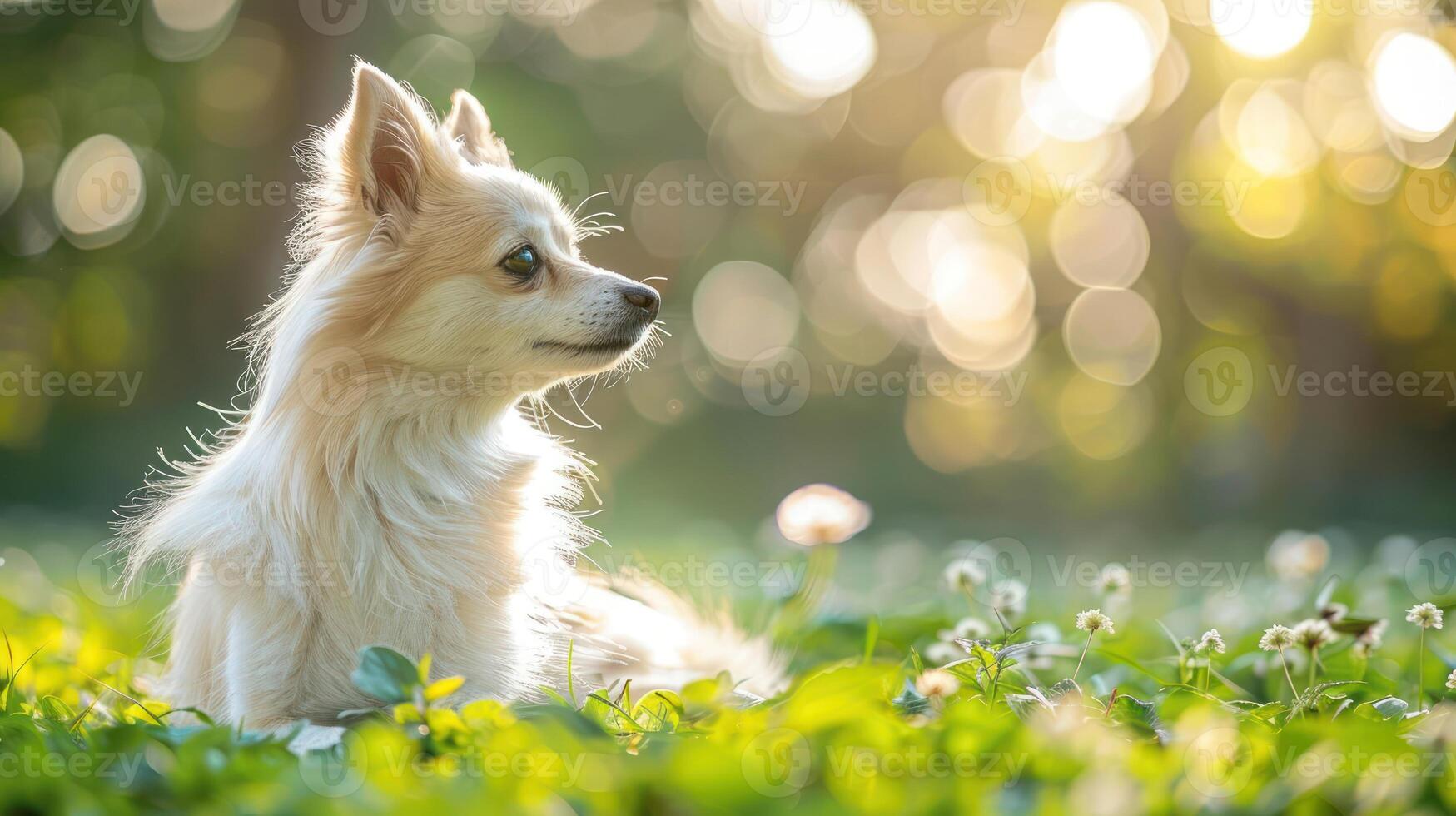 A serene moment of a fluffy dog resting on a grassy field surrounded by soft sunlight and flowers photo
