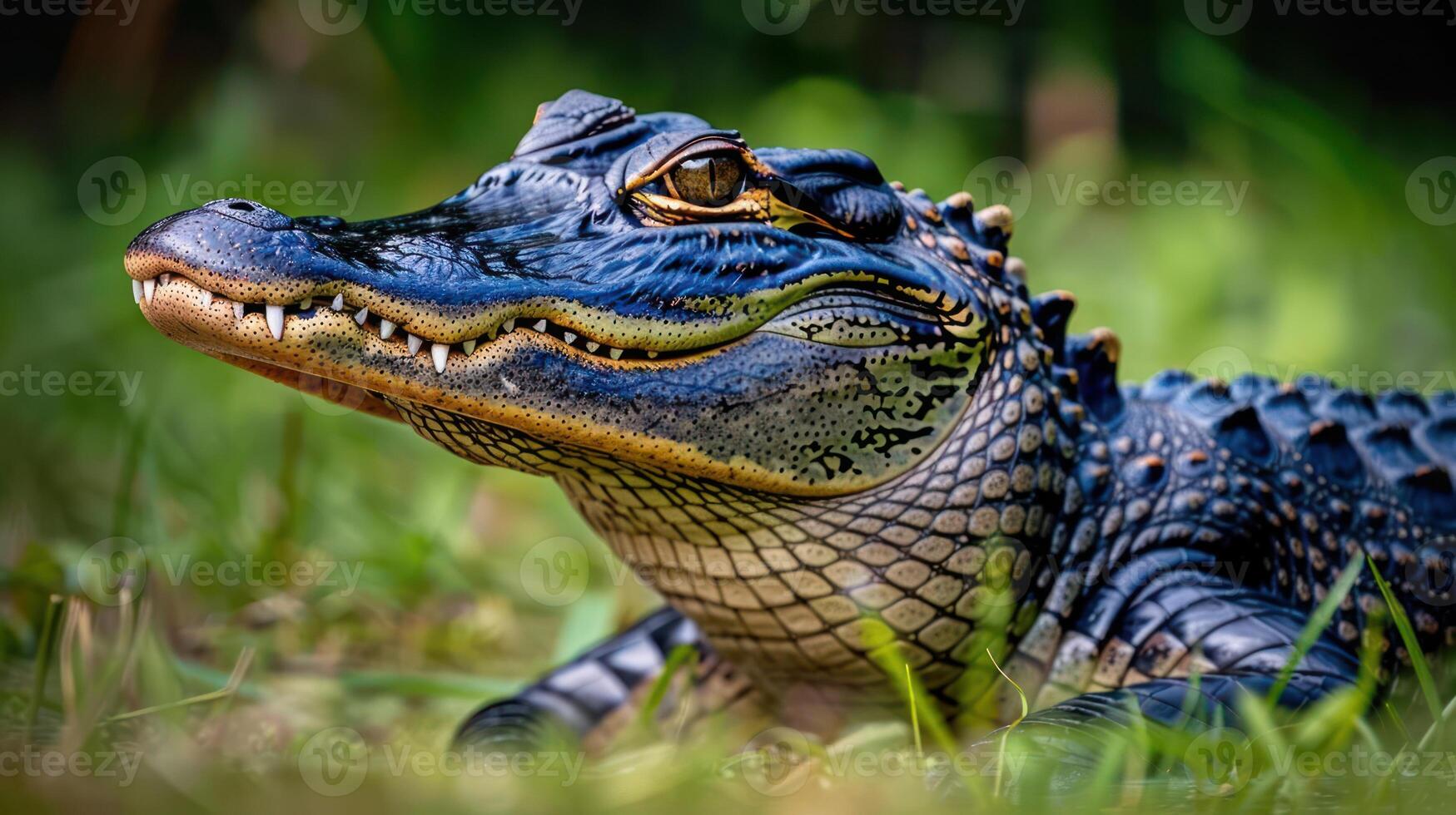 Close-up of a crocodile resting on lush green grass, showcasing intricate textures and colors photo