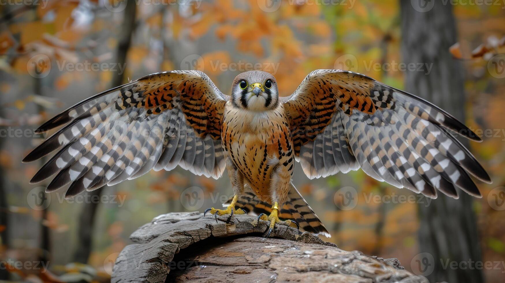 Majestic falcon spreads its wings on a log amidst autumn foliage in a serene forest setting photo