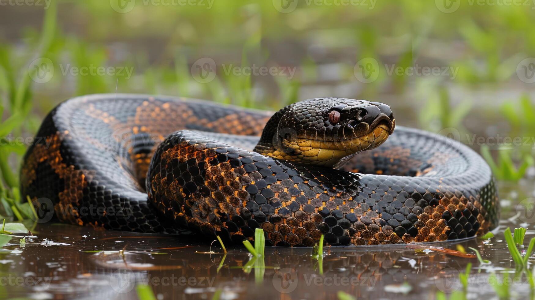 Close-up of a vibrant snake coiled in lush green grass near a reflective water surface photo